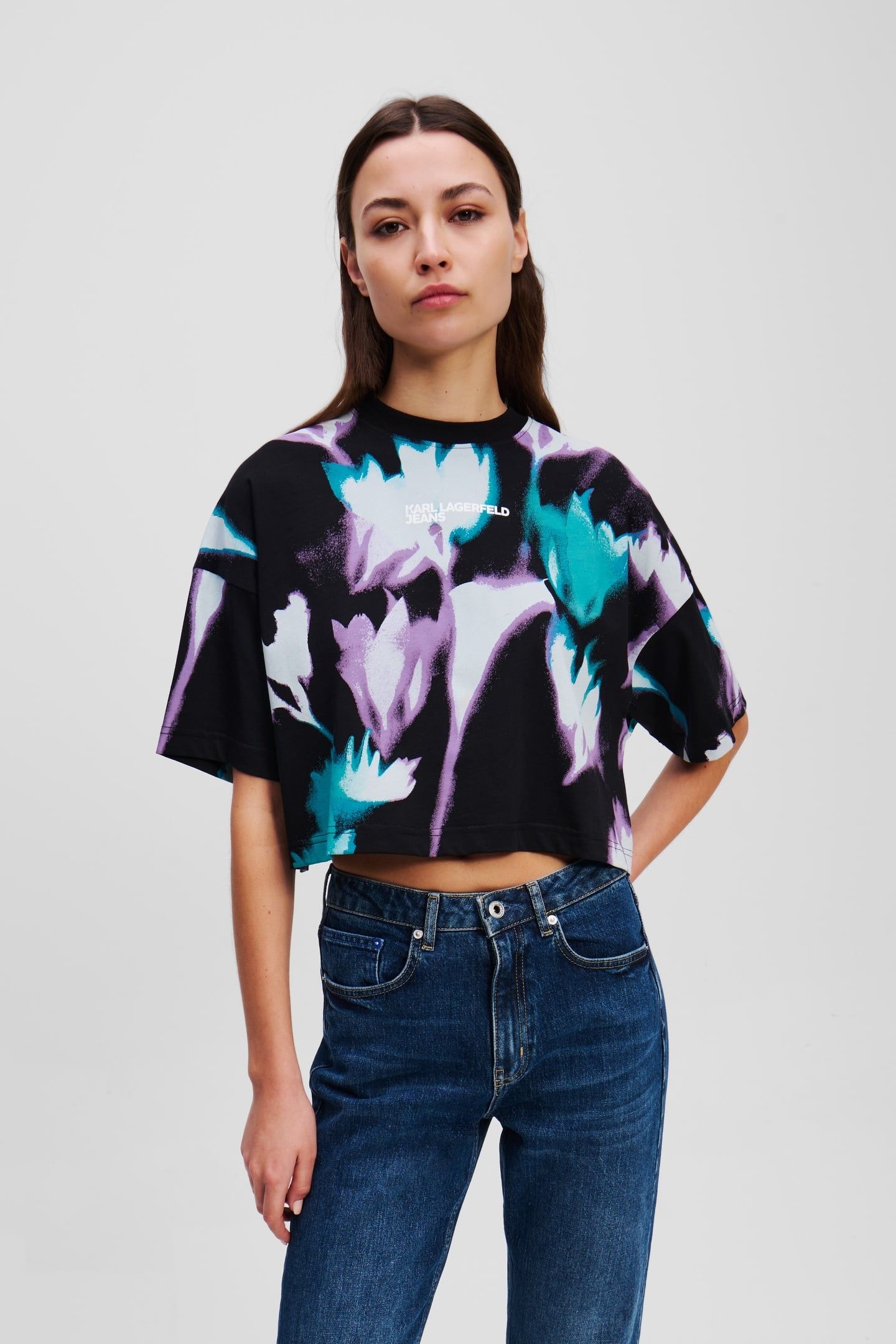KLJ OVERSIZED CROP AOP TEE FLORAL AOP BLACK 1