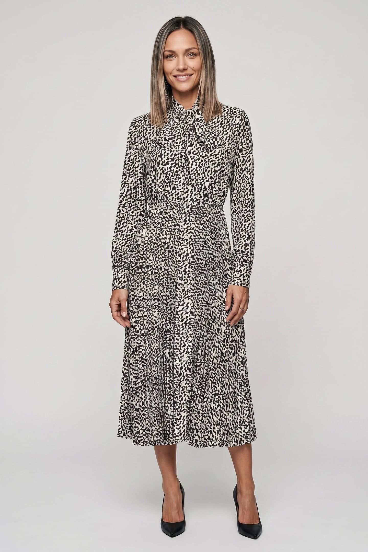 PLEATED SHIRT DRESS BLK-PRISTINE MINI GEO 1