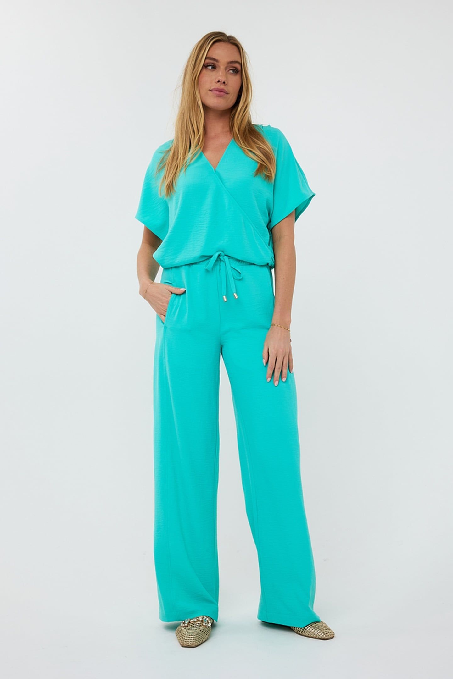 TROUSERS WIDE ELASTIC CRINKLE LAGOON 1