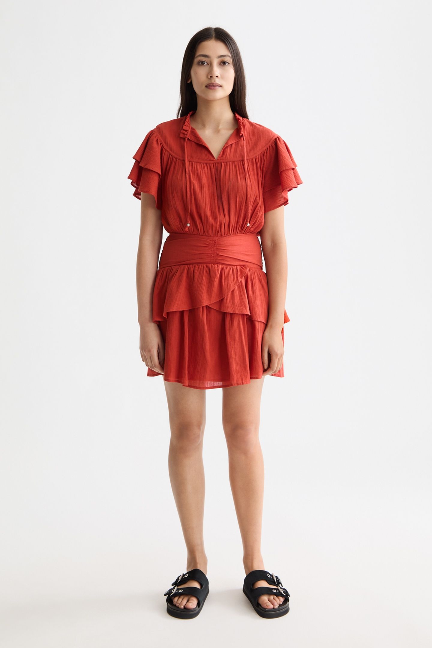 RUFFLED MINI DRESS WITH GATHERED WAIST KETCHUP 2
