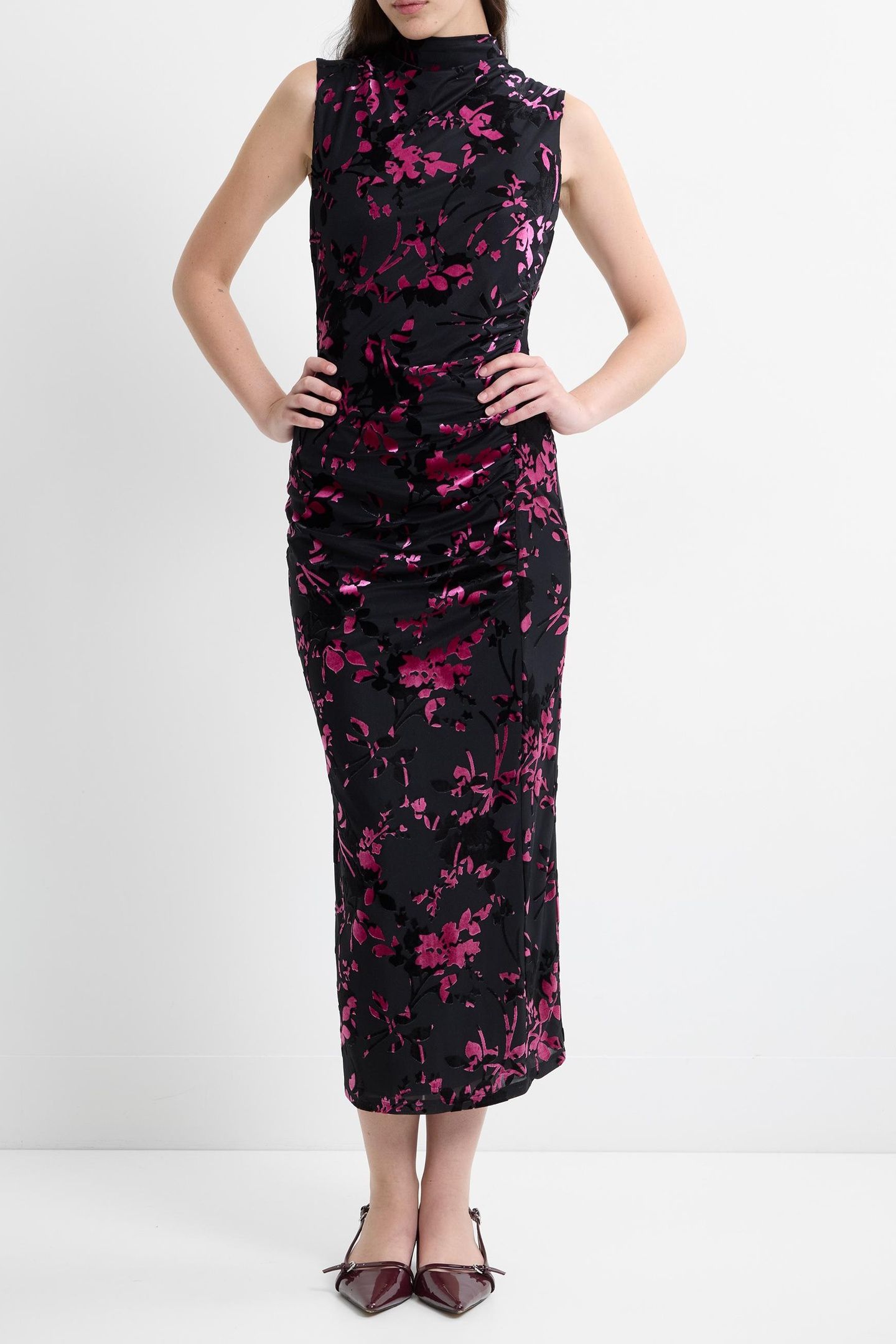 IDINA BURNOUT DRAPED MIDI DRES BLACK/FLURO PINK 1