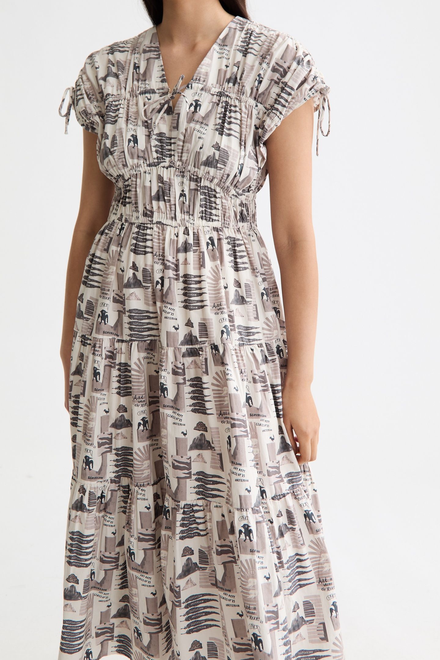 GATHERED MIDI DRESS WITH TIED DETAILS ART DEPT COLLAGE GREY 2