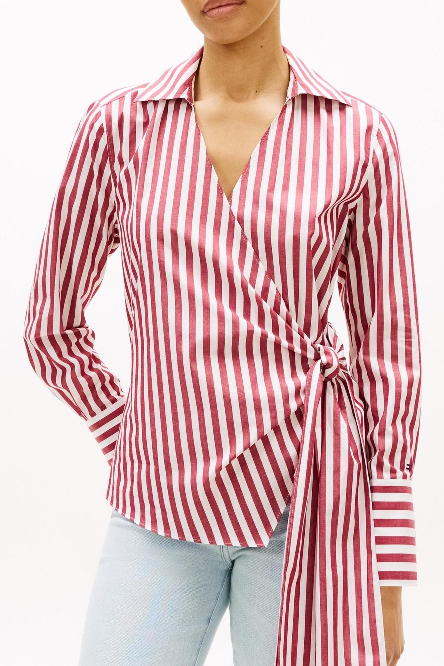 POPLIN KNOT BLOUSE WIDE BANKER STP ECRU LIBERTY RED 1