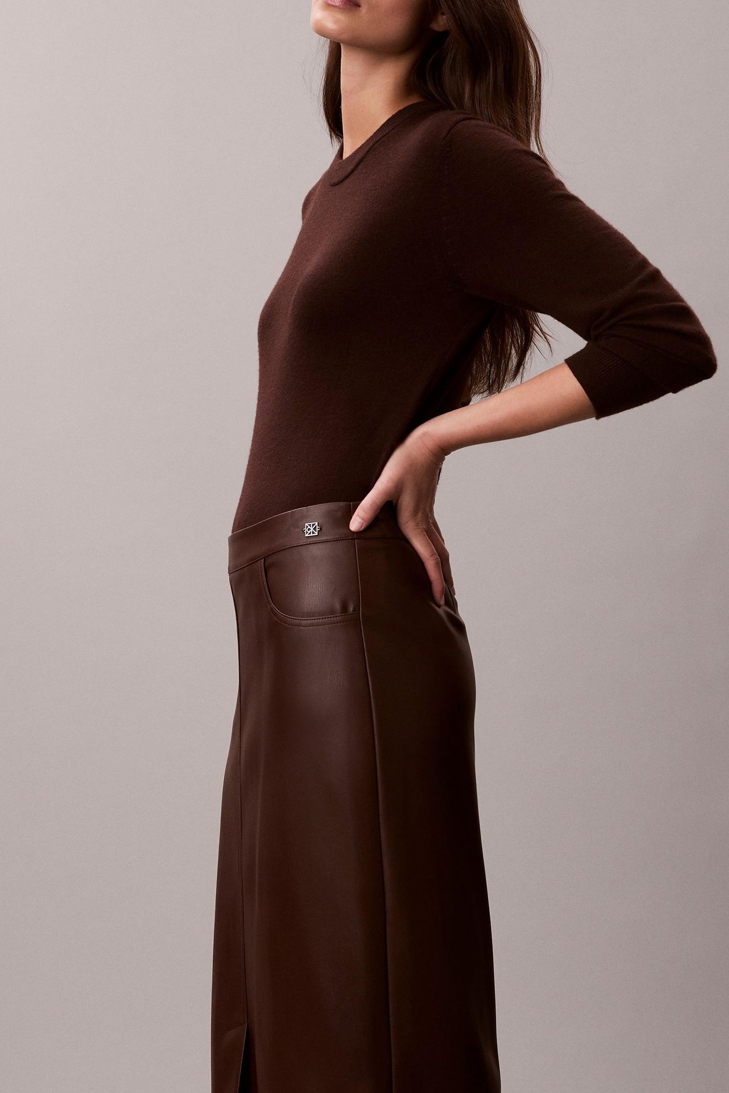 FAUX LEATHER MIDI SKIRT RICH BROWN 5