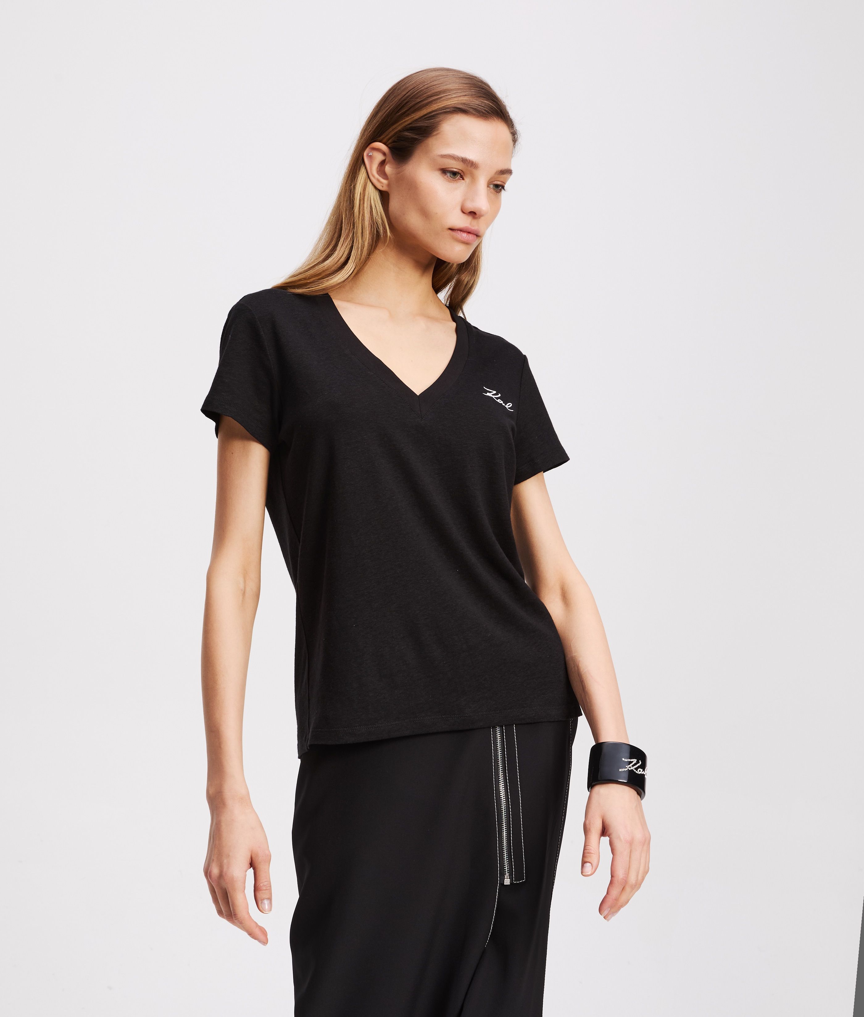 LINEN BLEND V-NECK T-SHIRT BLACK 2