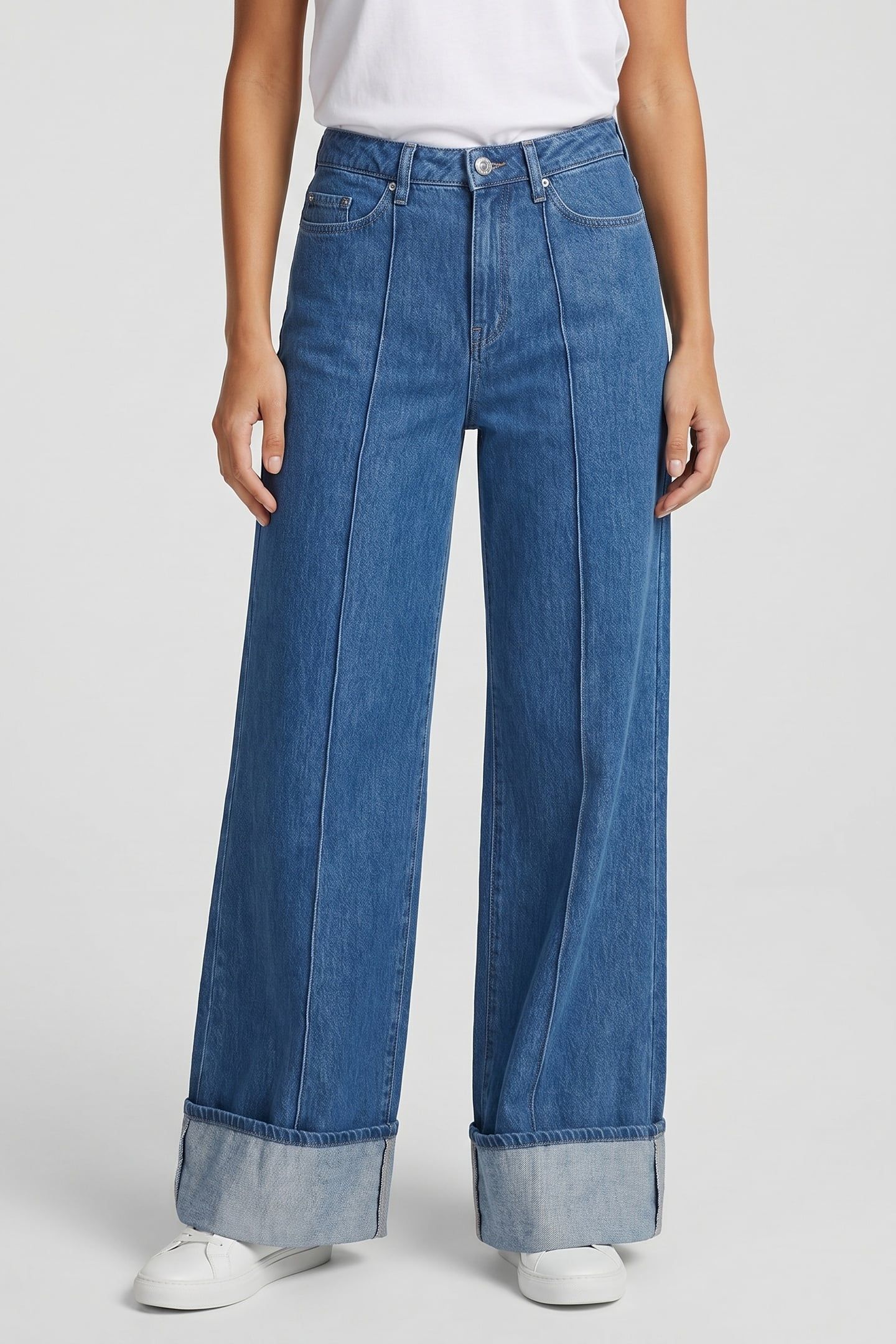 FOLDED WIDE LEG DENIM PANTS MID BLUE WASH 1