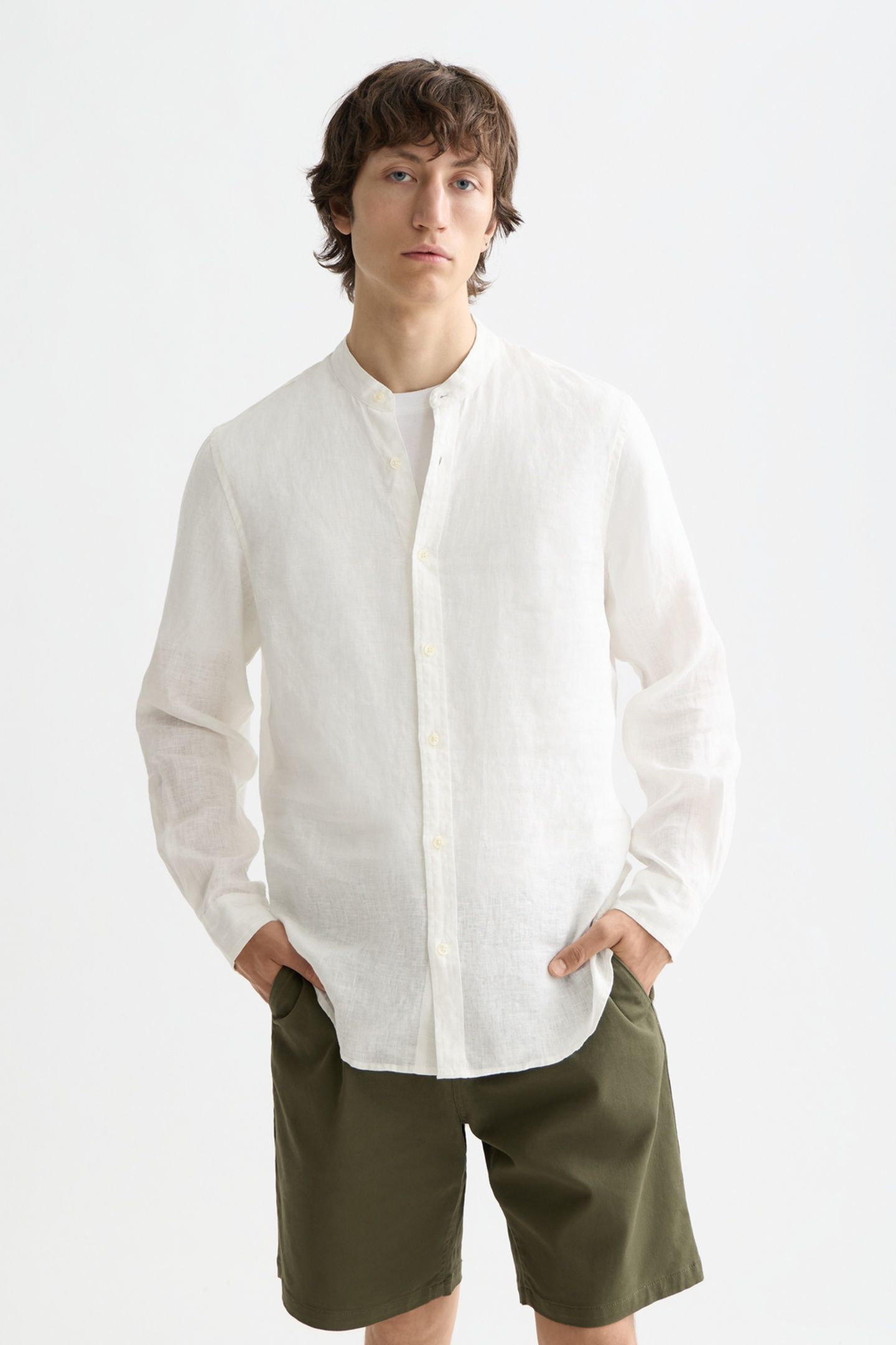 LINEN SHIRT LS STAND UP COLLAR OFF WHITE 1