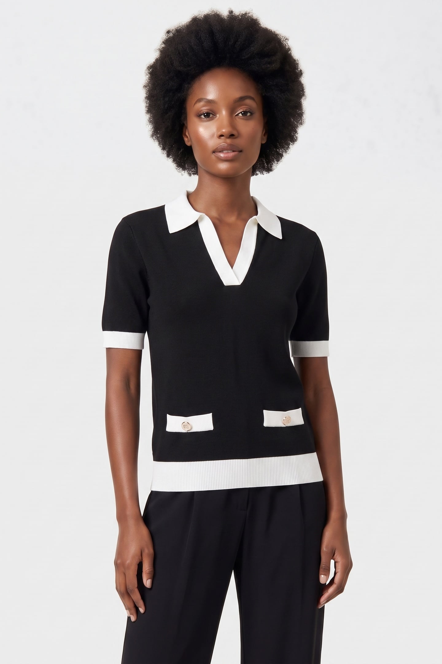 CNTRST POLO KNIT TOP BLACK/WHITE 1