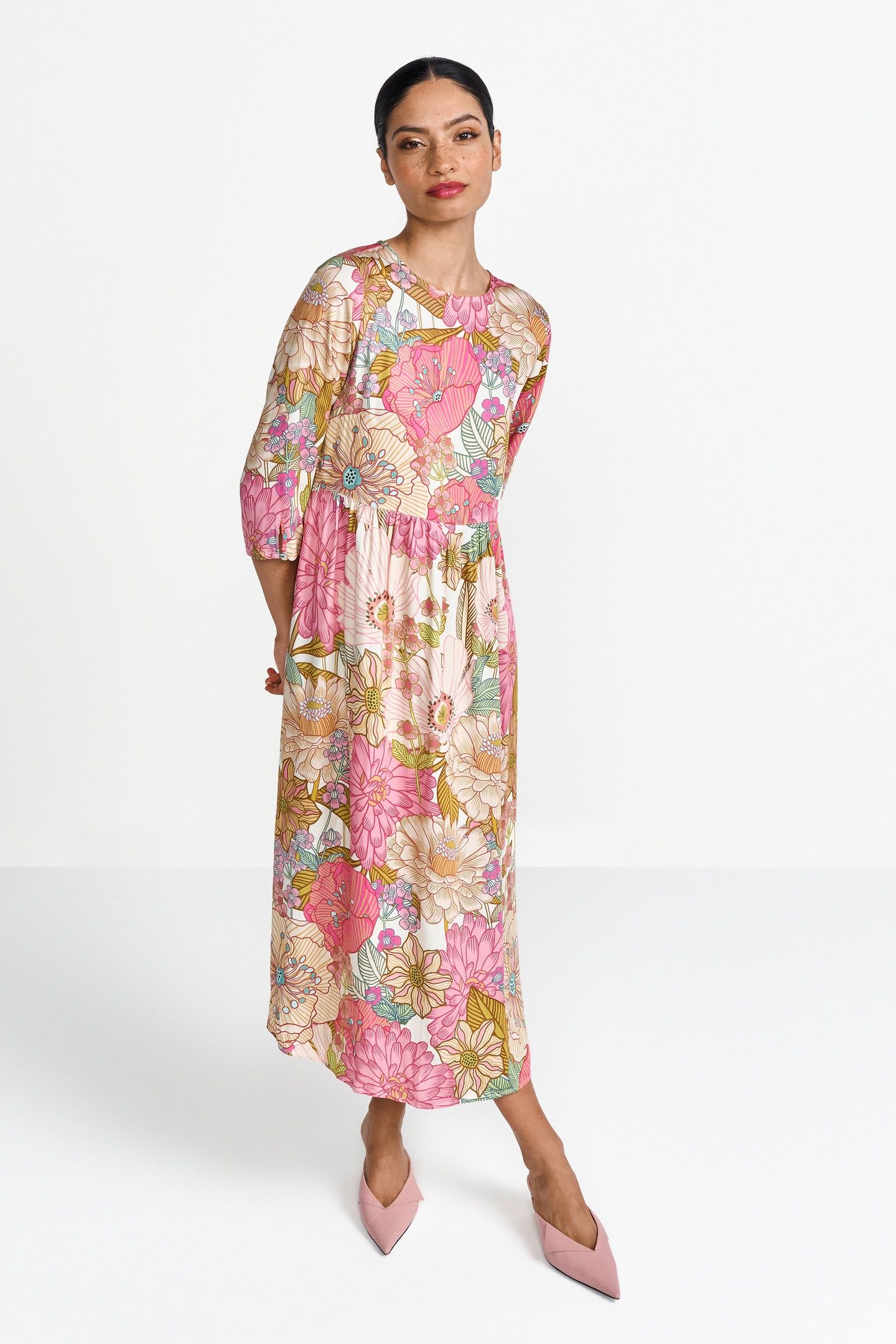 PRINTED MIDI DRESS WITH SMOCKED CHEST SPRING BLUSH 2