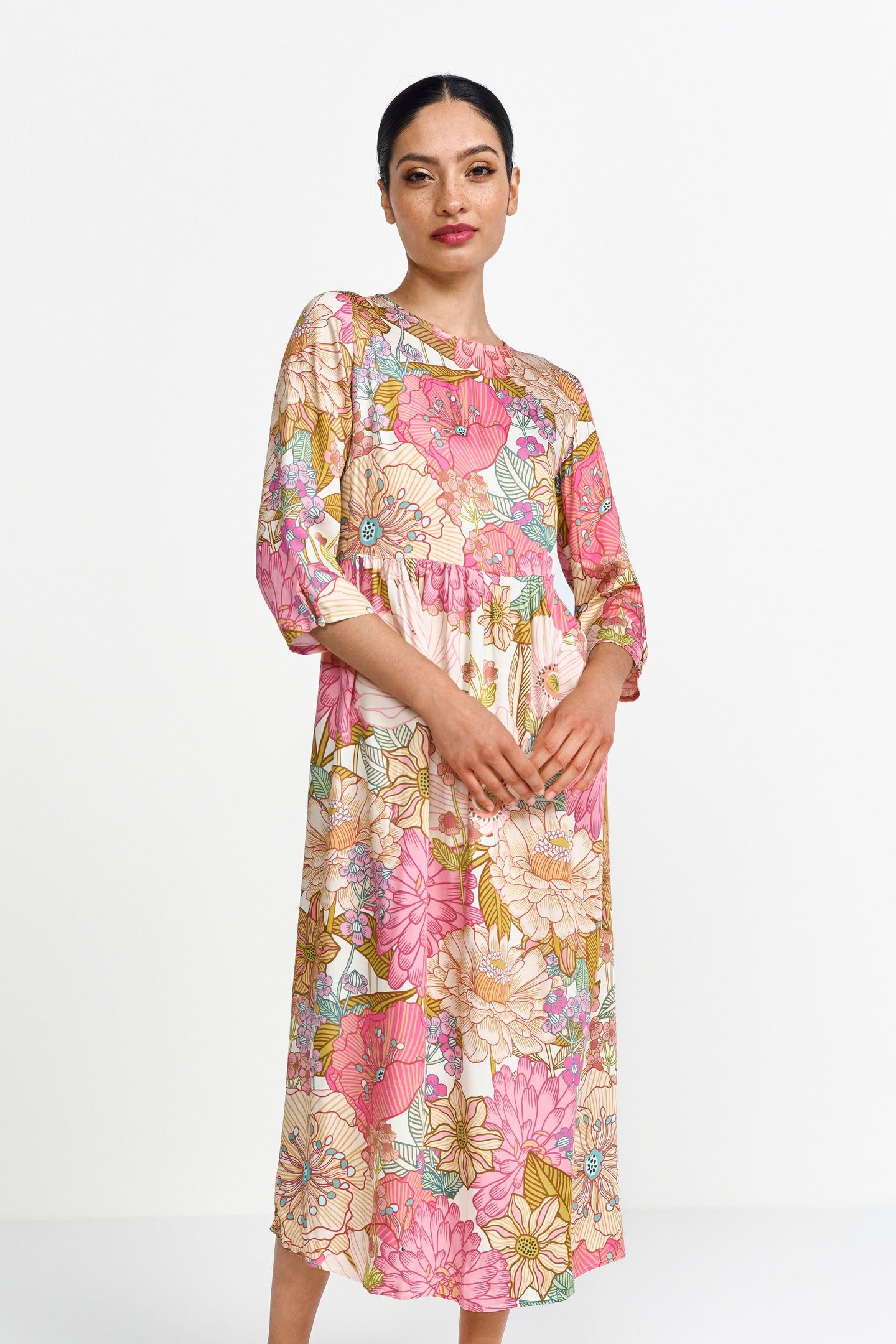 PRINTED MIDI DRESS WITH SMOCKED CHEST SPRING BLUSH 3