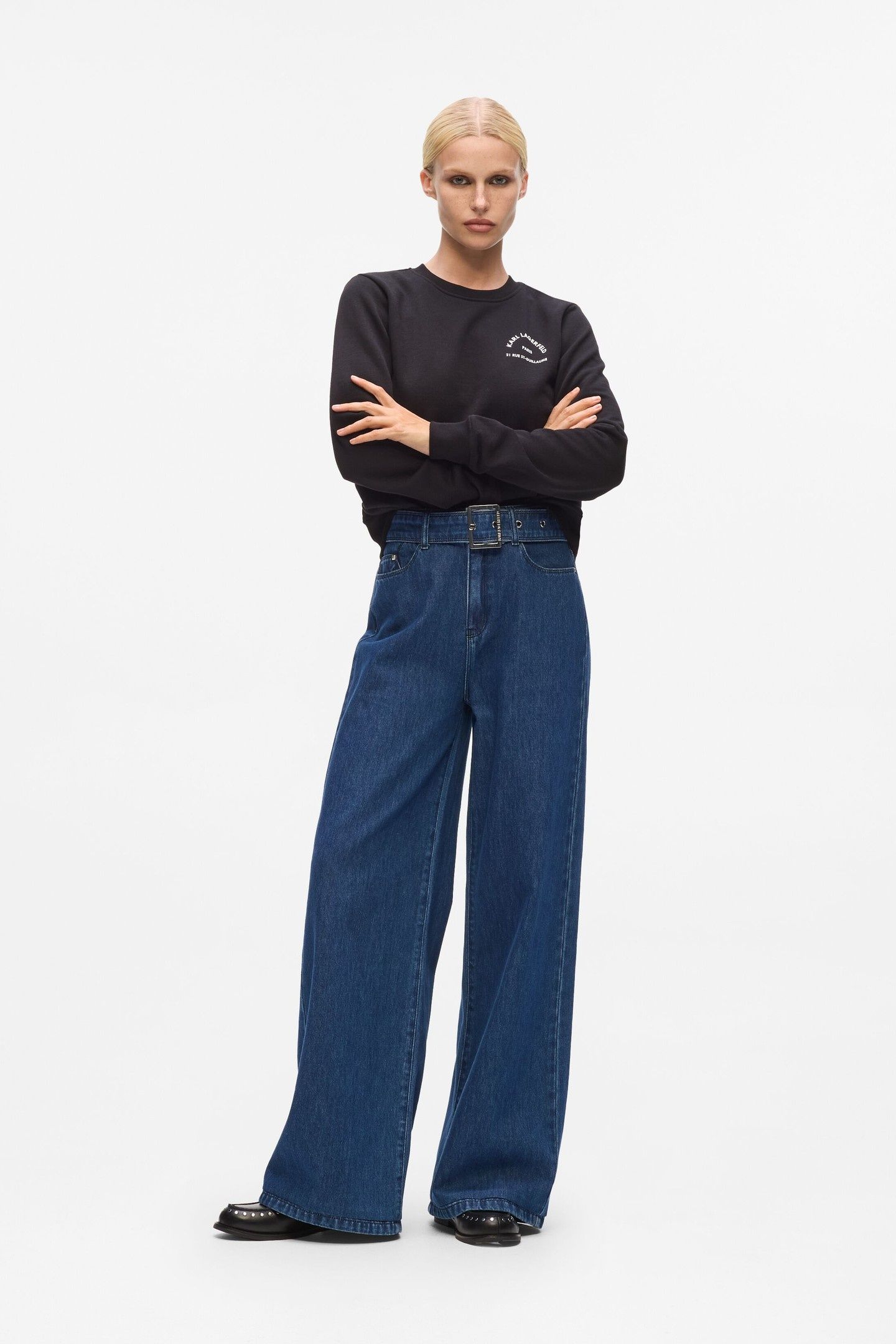 BELTED WIDE LEG DENIM PANTS DARK BLUE 1