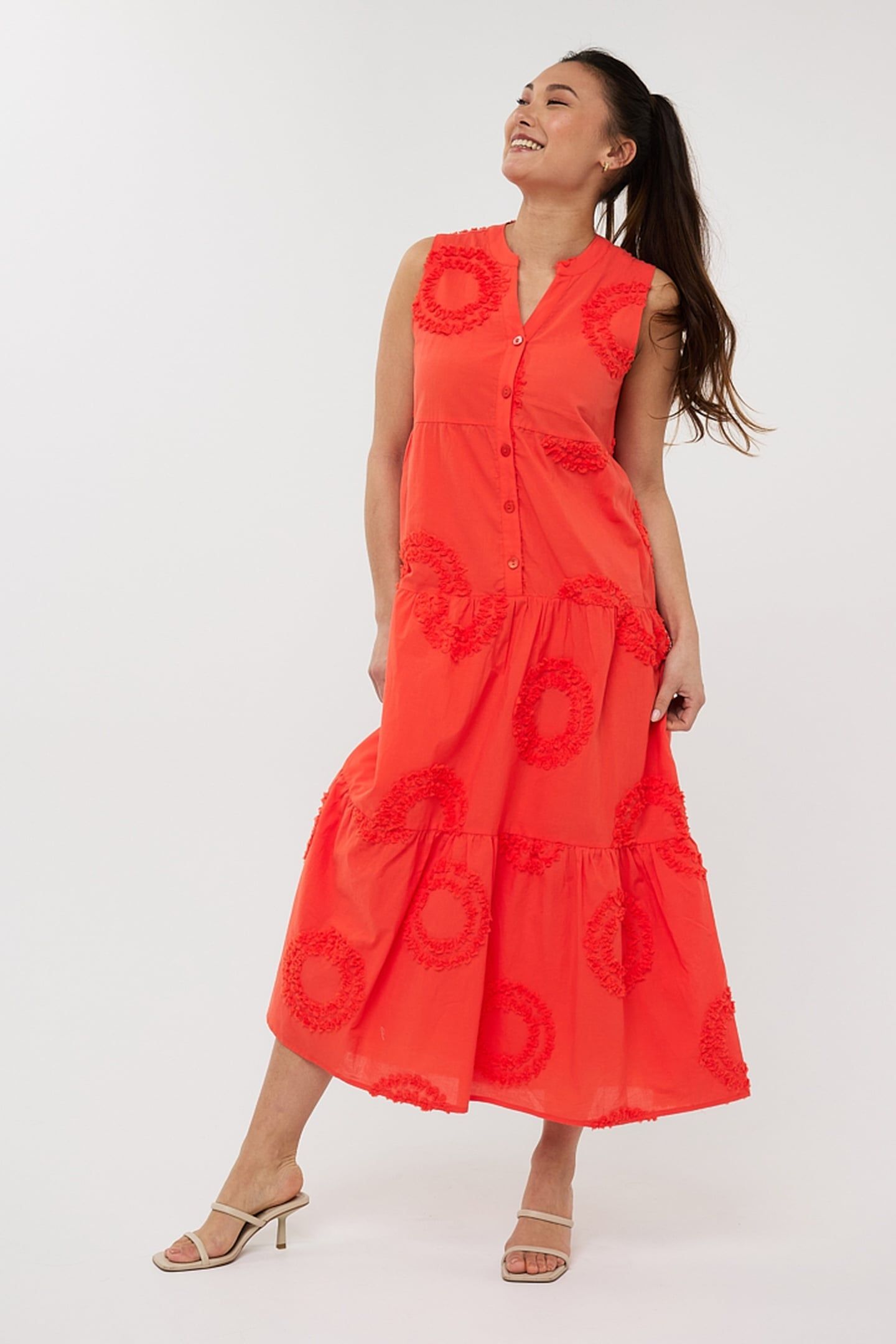 DRESS SLV/LSS 3D CIRCLED EMBROIDERY RED ORANGE 1
