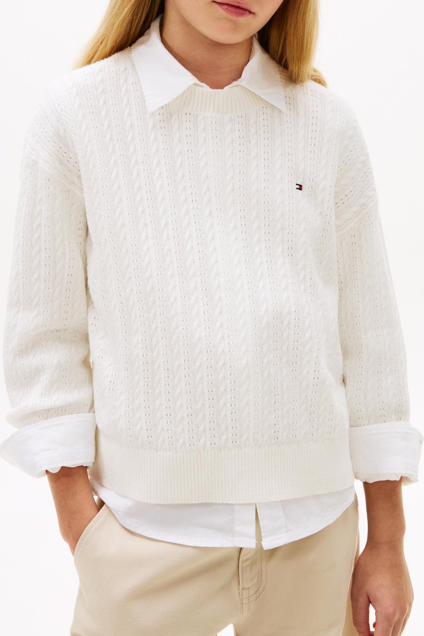 GIRLS POINTELLE CABLE SWEATER IVORY SILK 2