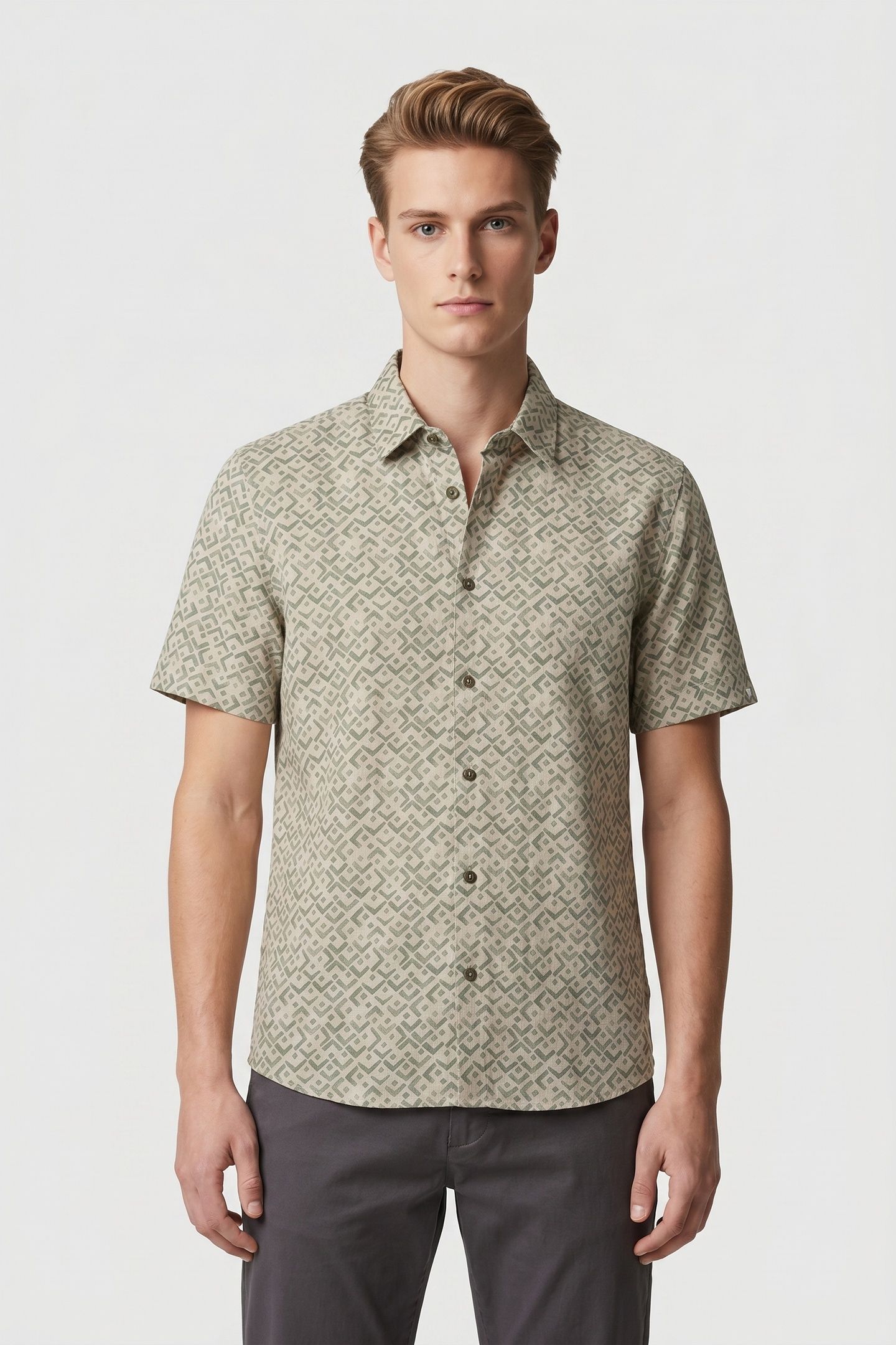 SHIRT SHORT SLEEVE SLUB ALLOVER PRINTED GREEN 1