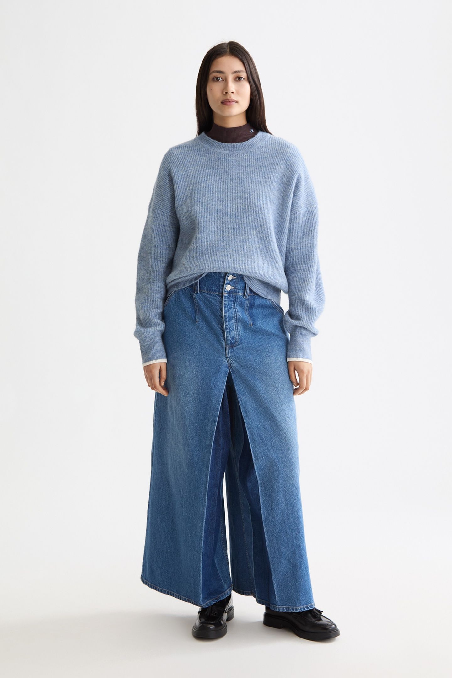 FUZZY CREW NECK PULLOVER FADED DENIM MELANGE 1