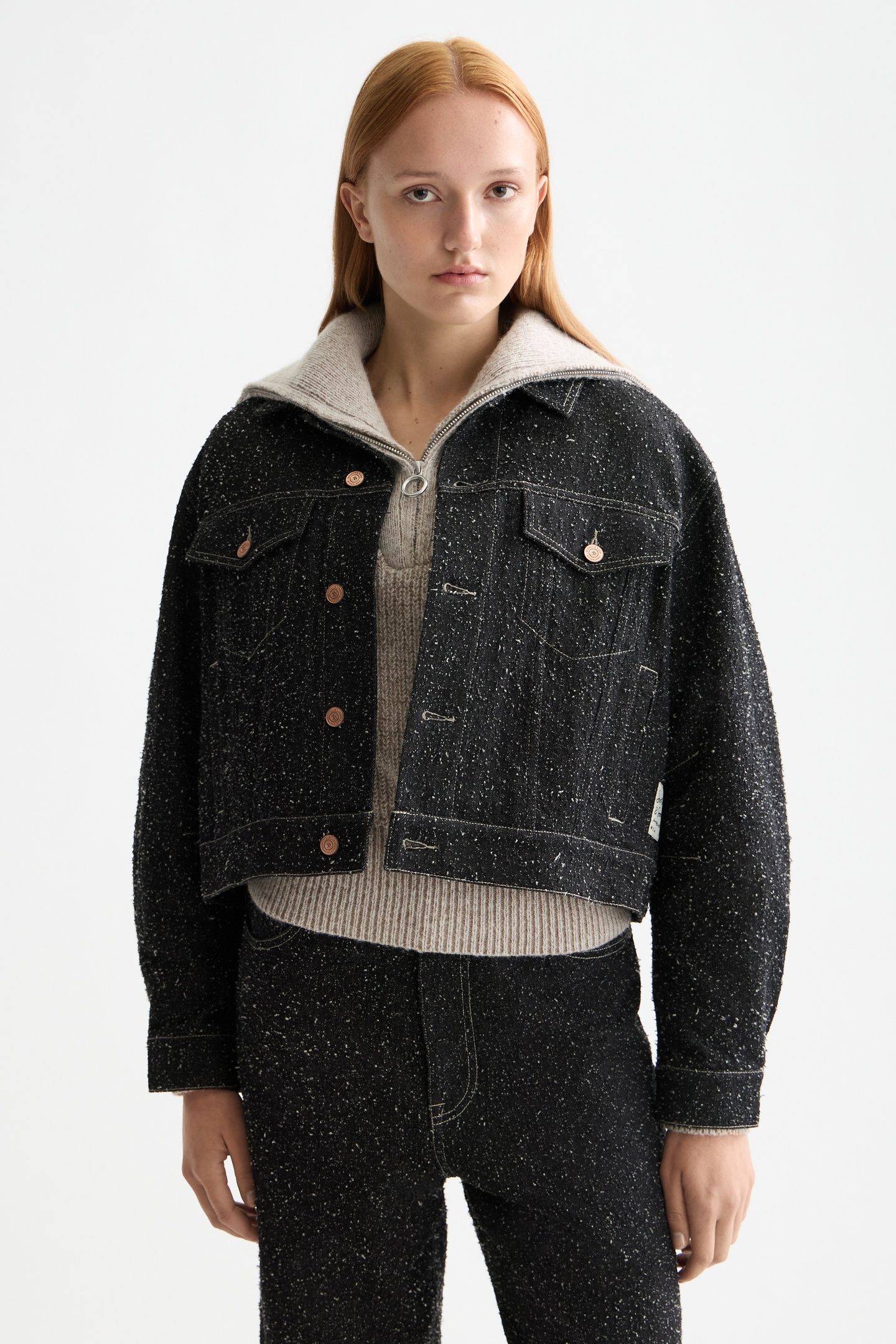 BLACK DENIM TEXTURED OVERSIZED JACKET — BLACK SNOW 1