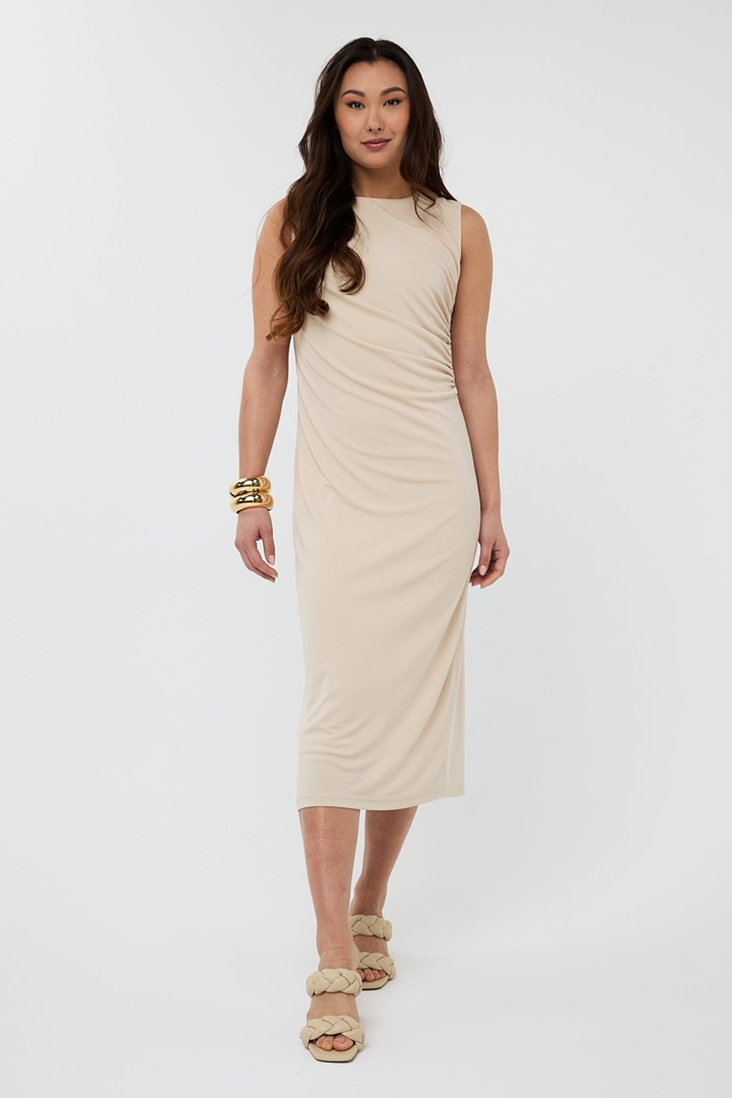 DRESS LONG SLV/LSS GATHERING SAND 1