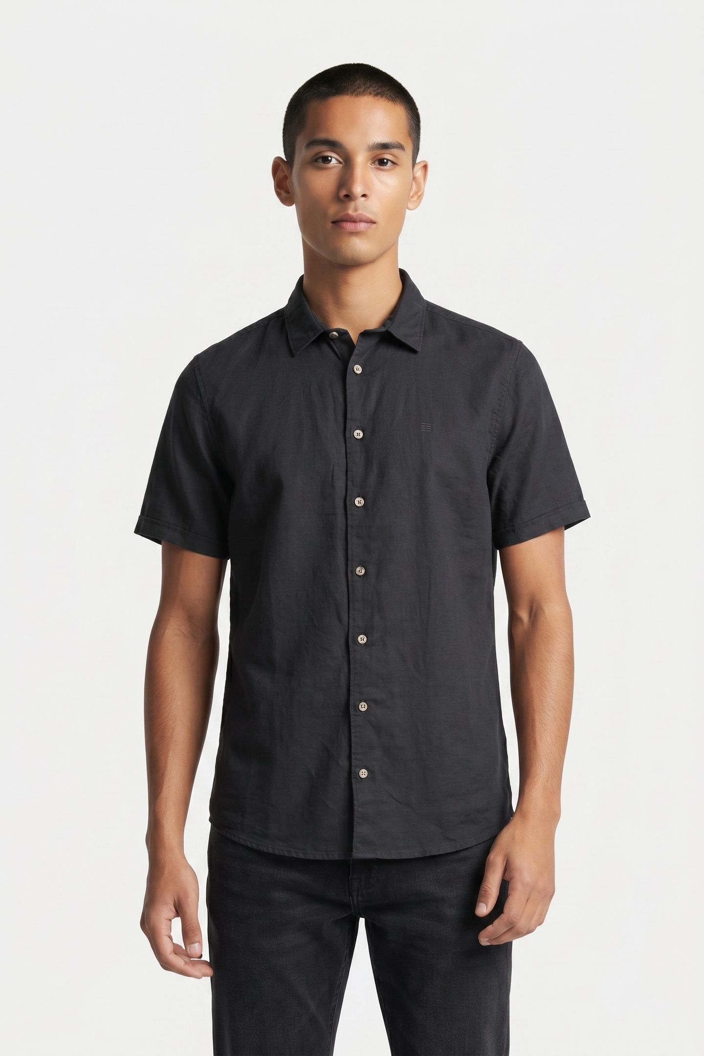 SHIRT SHORT SLEEVE SOLID WITH LINEN DARK STEEL 1