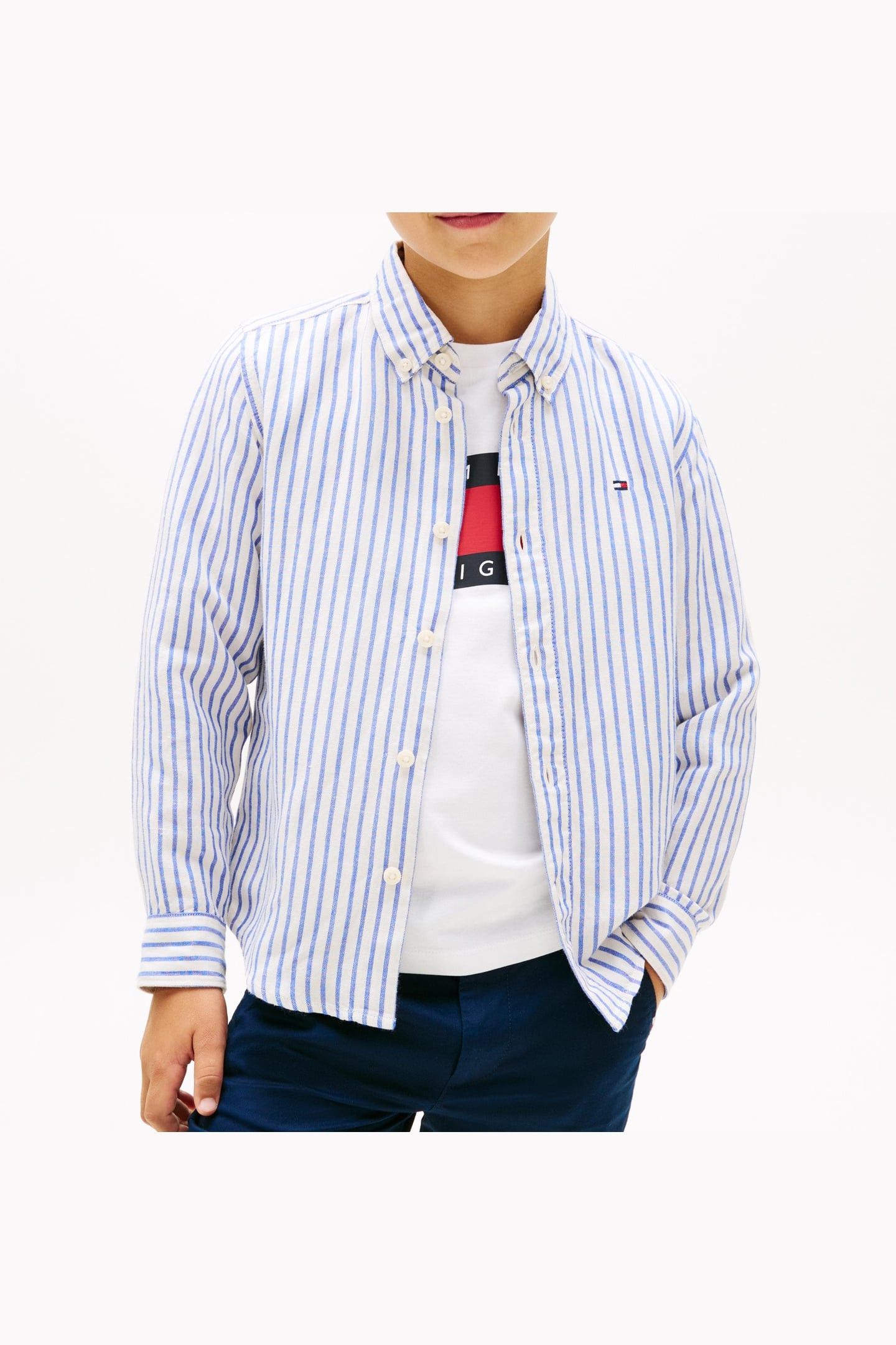 BOYS LINEN BLEND STRIPED SHIRT EMPIRE BLUE STRIPE 1