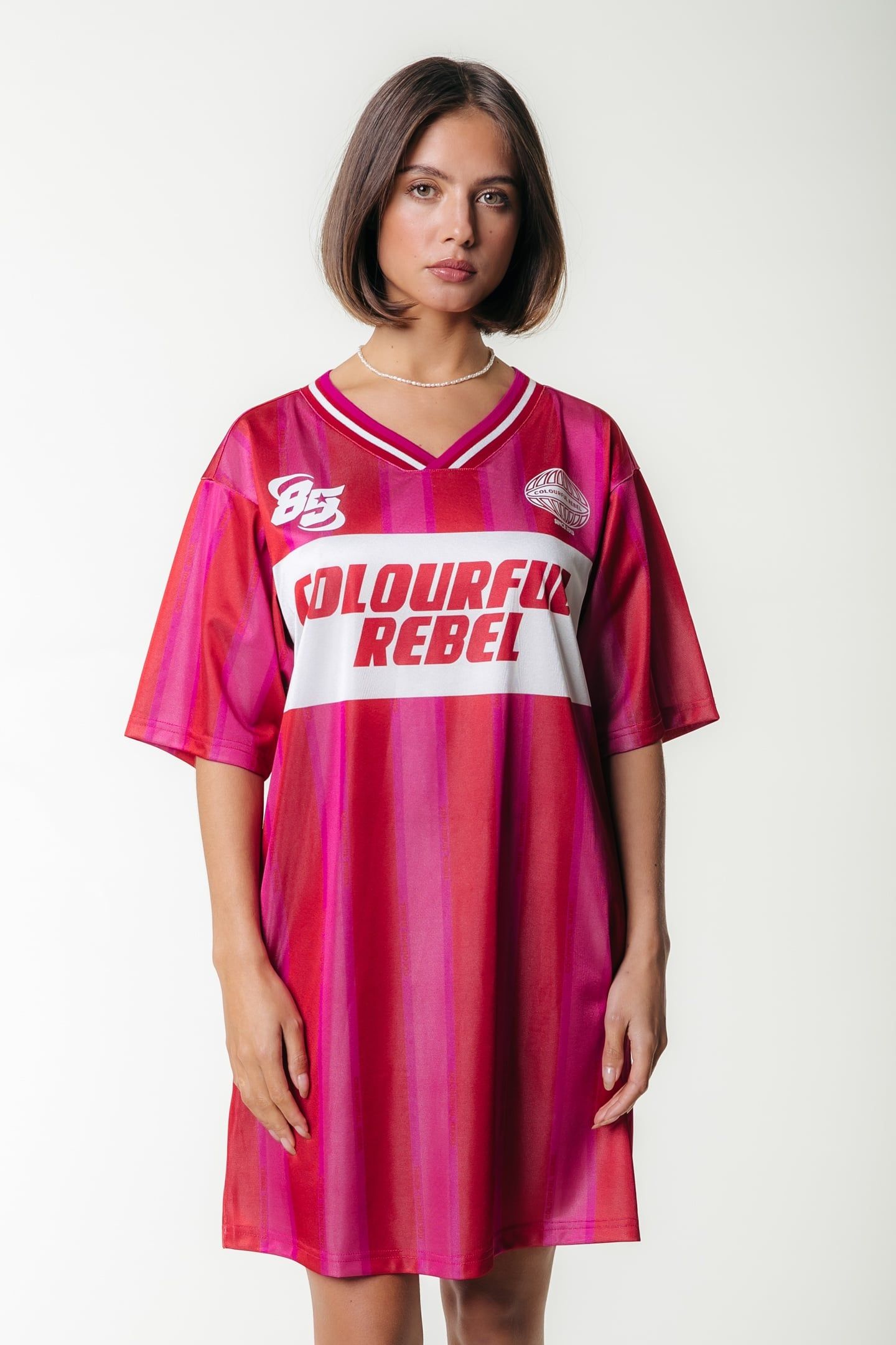 TAYLIE STRIPED FOOTBALL TEE DRESS SS MEDIUM BRIGHT PINK 1