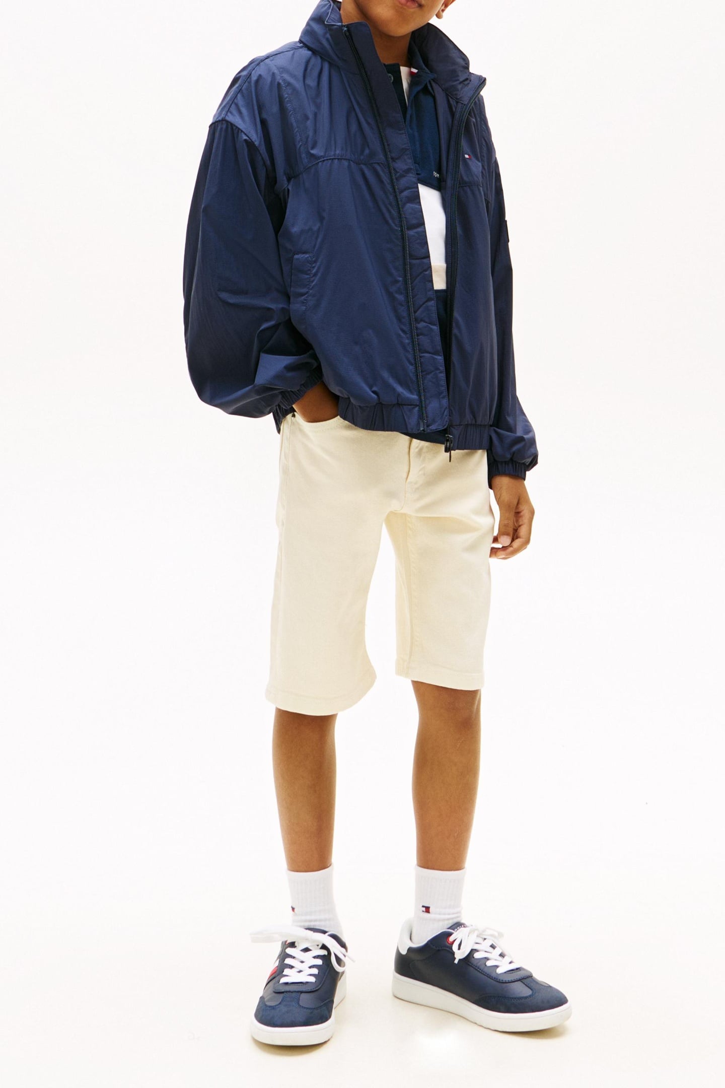 BOYS WAVY FLAG EMBROIDERY LOOSE DENIM SHORTS ECRU 1