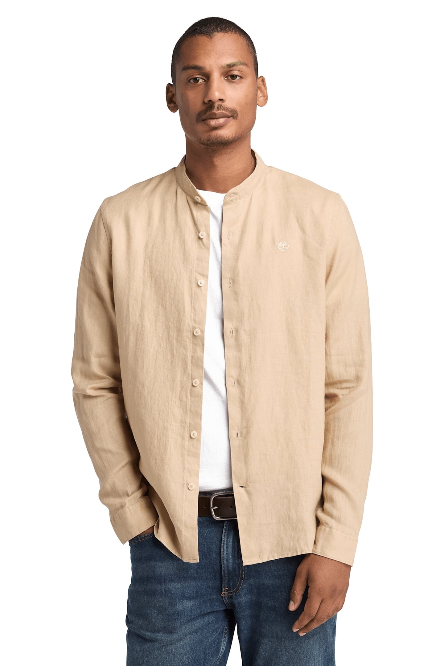 LINEN KOREAN COLLAR SHIRT MEDIUM BEIGE 1