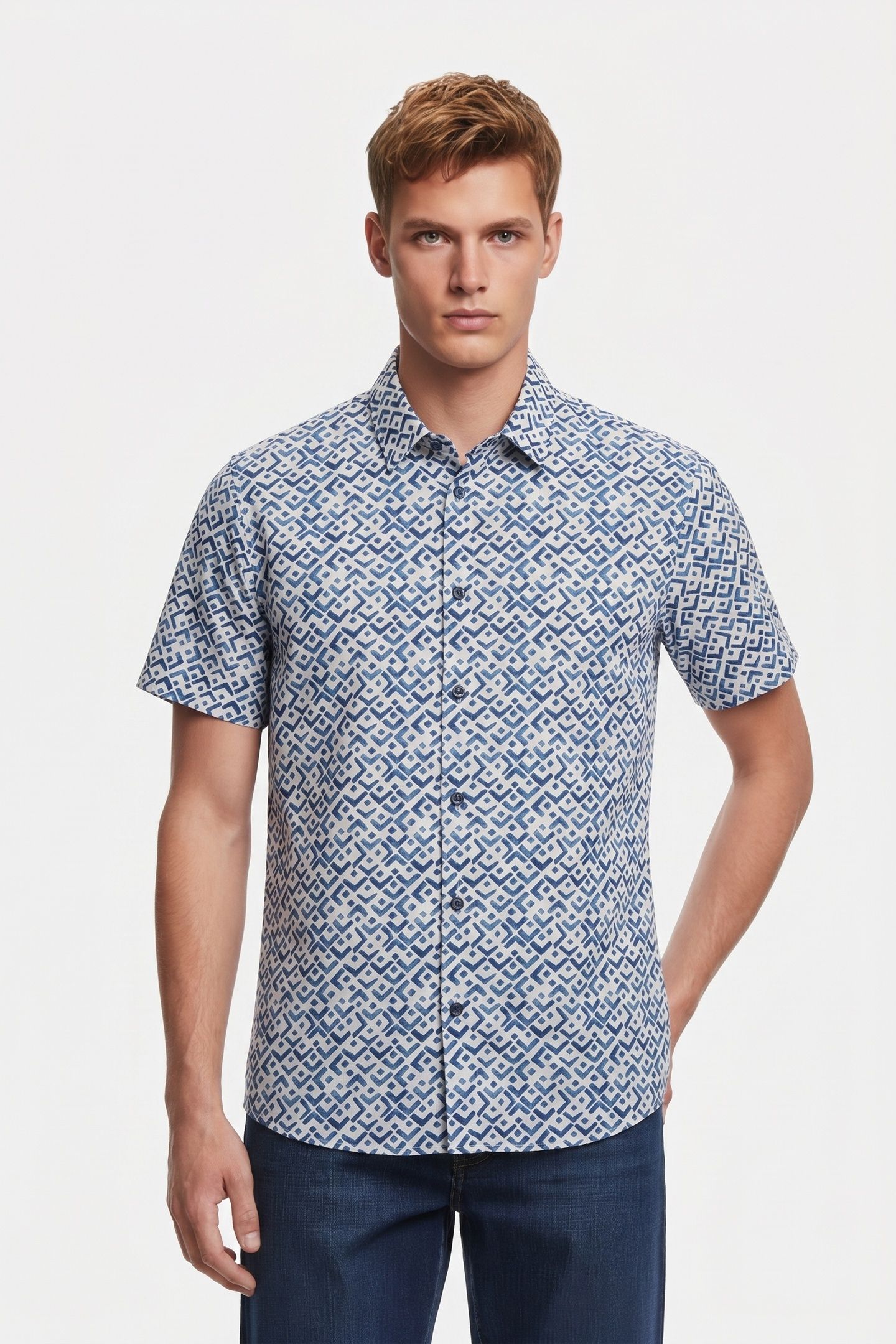 SHIRT SHORT SLEEVE SLUB ALLOVER PRINTED INDIGO BLUE 1