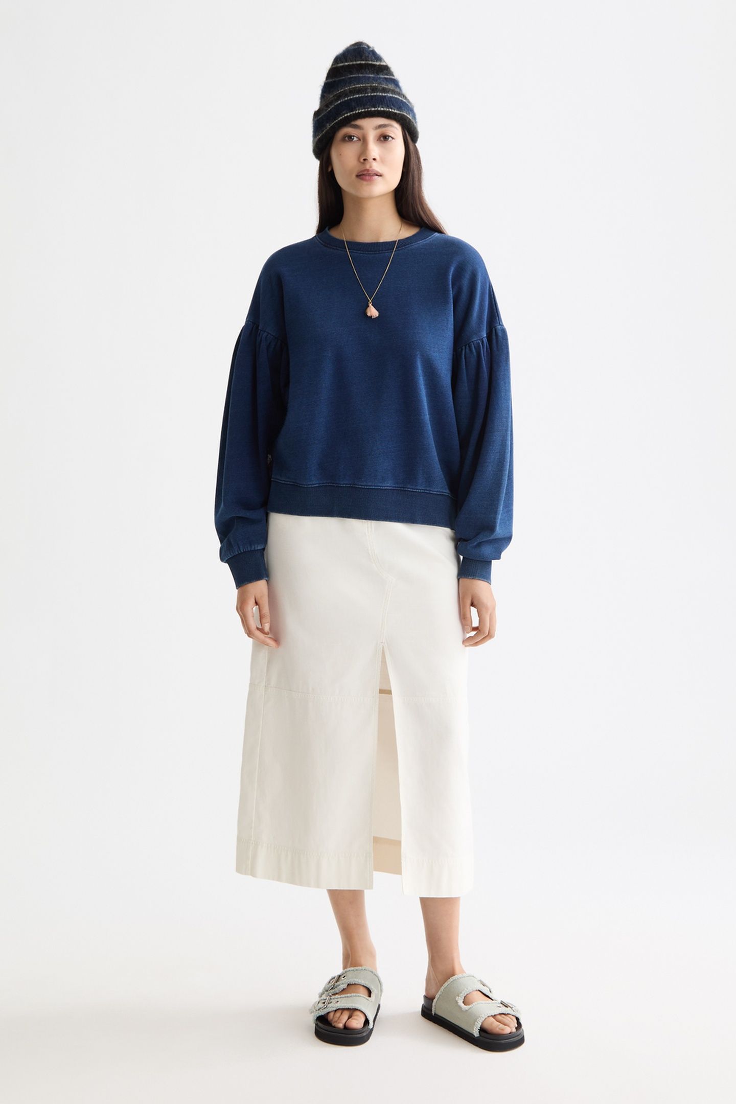WASHED INDIGO CREW NECK SWEATSHIRT WITH BALLOON SLEEVES WASH 1