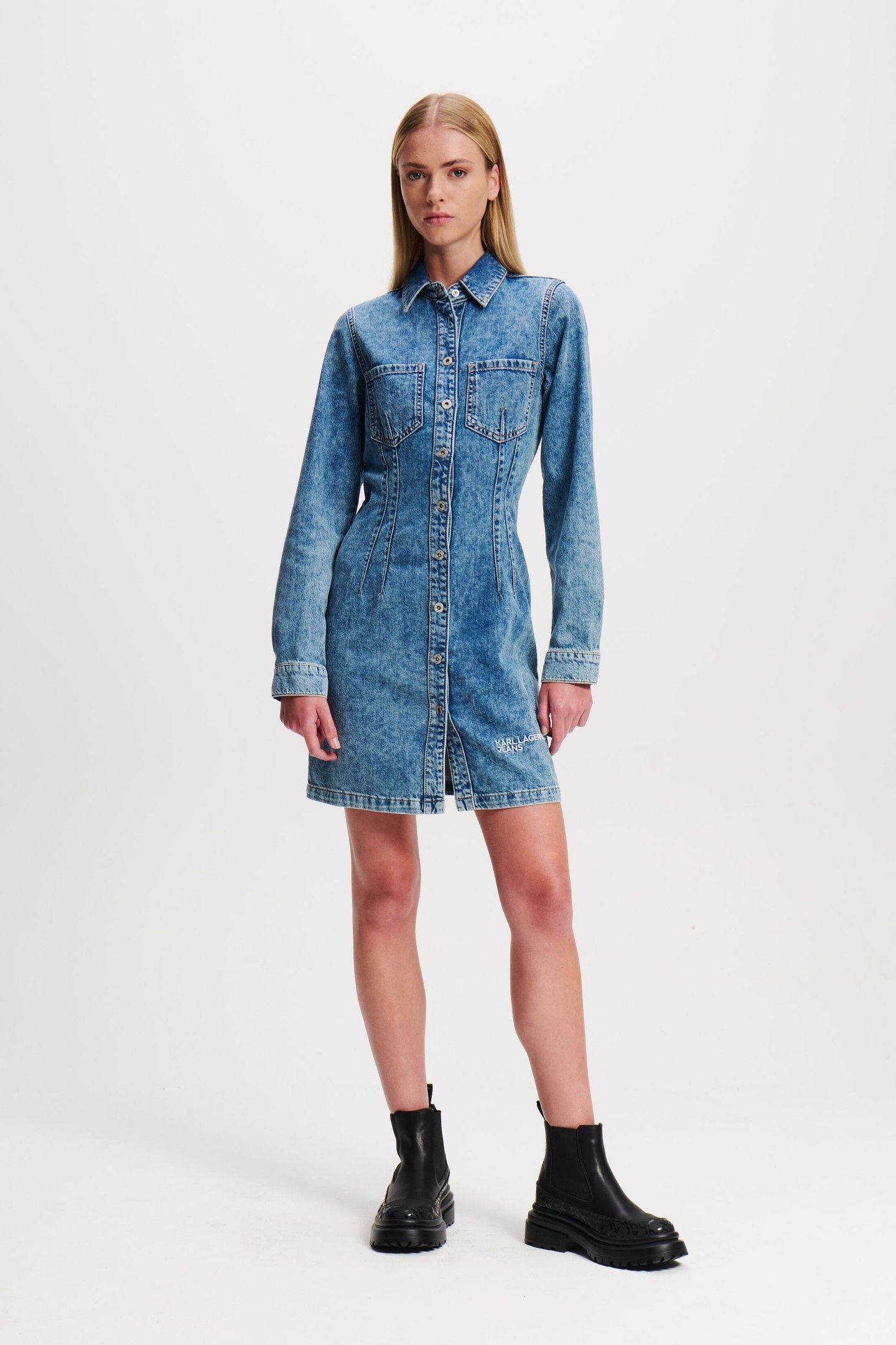 LONGSLEEVE PINTUCK DENIM DRESS STONE WASHED BRIGHT BLUE 5