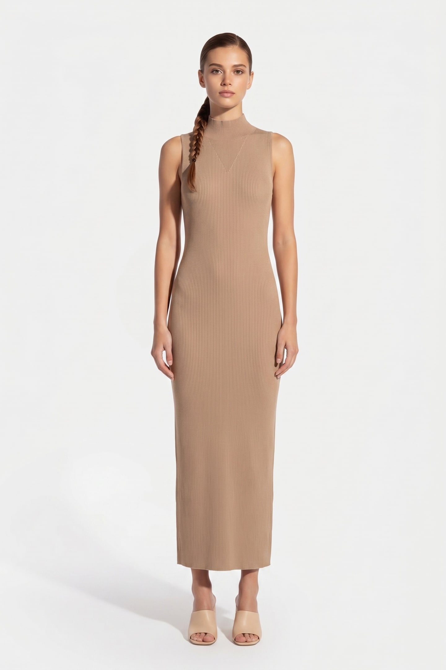 RIBBED MIDI DRESS CAMEL 1