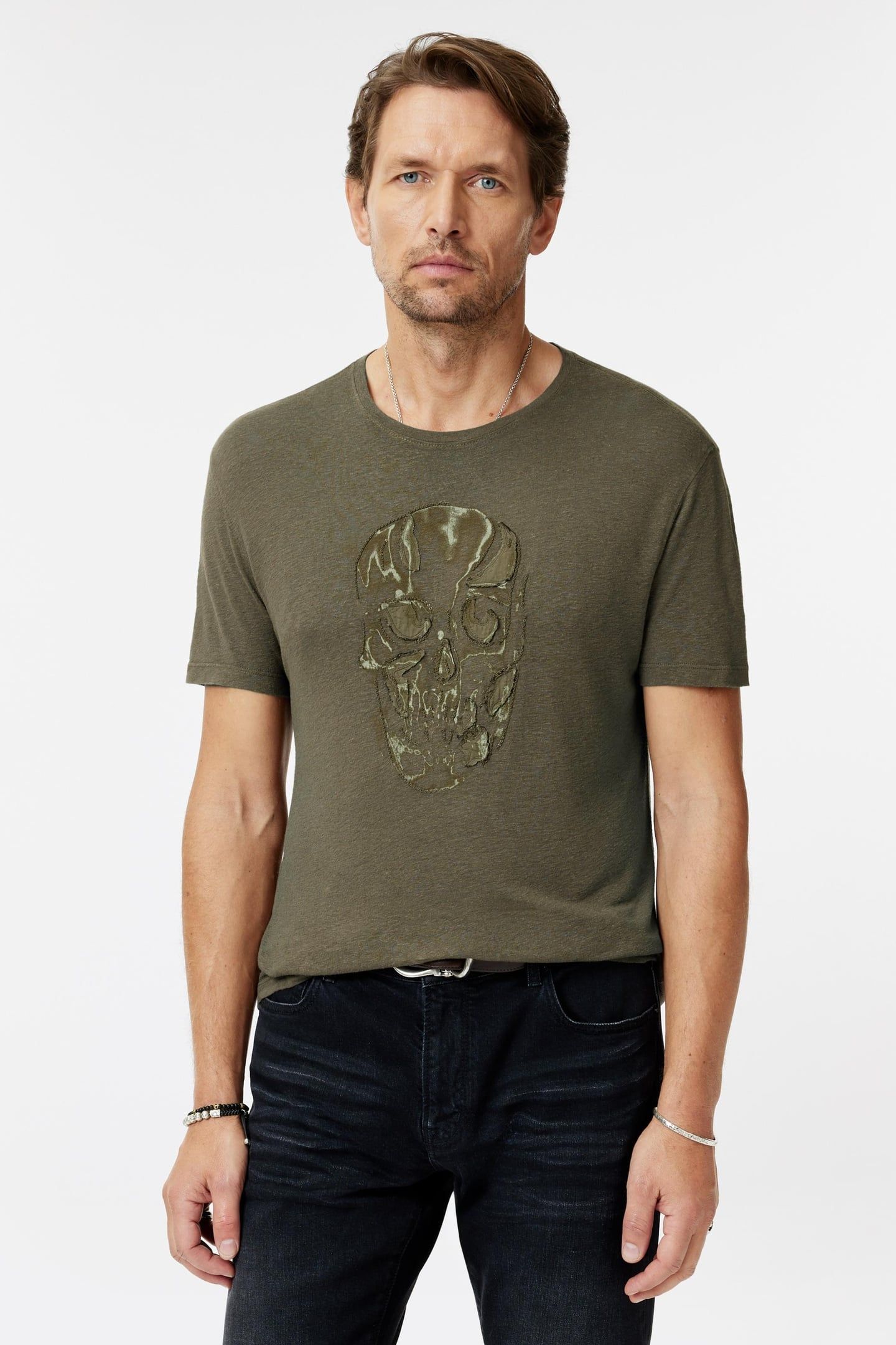 SS CREW TEE - CHAIN SKULL OLIVE LEAF 1