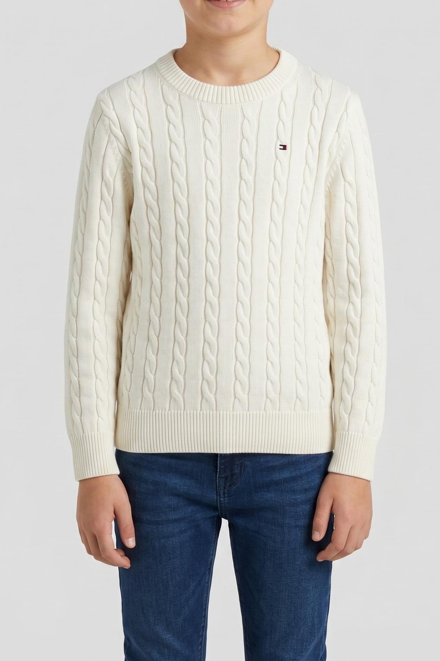BOYS COTTON CABLE SWEATER IVORY SILK 1