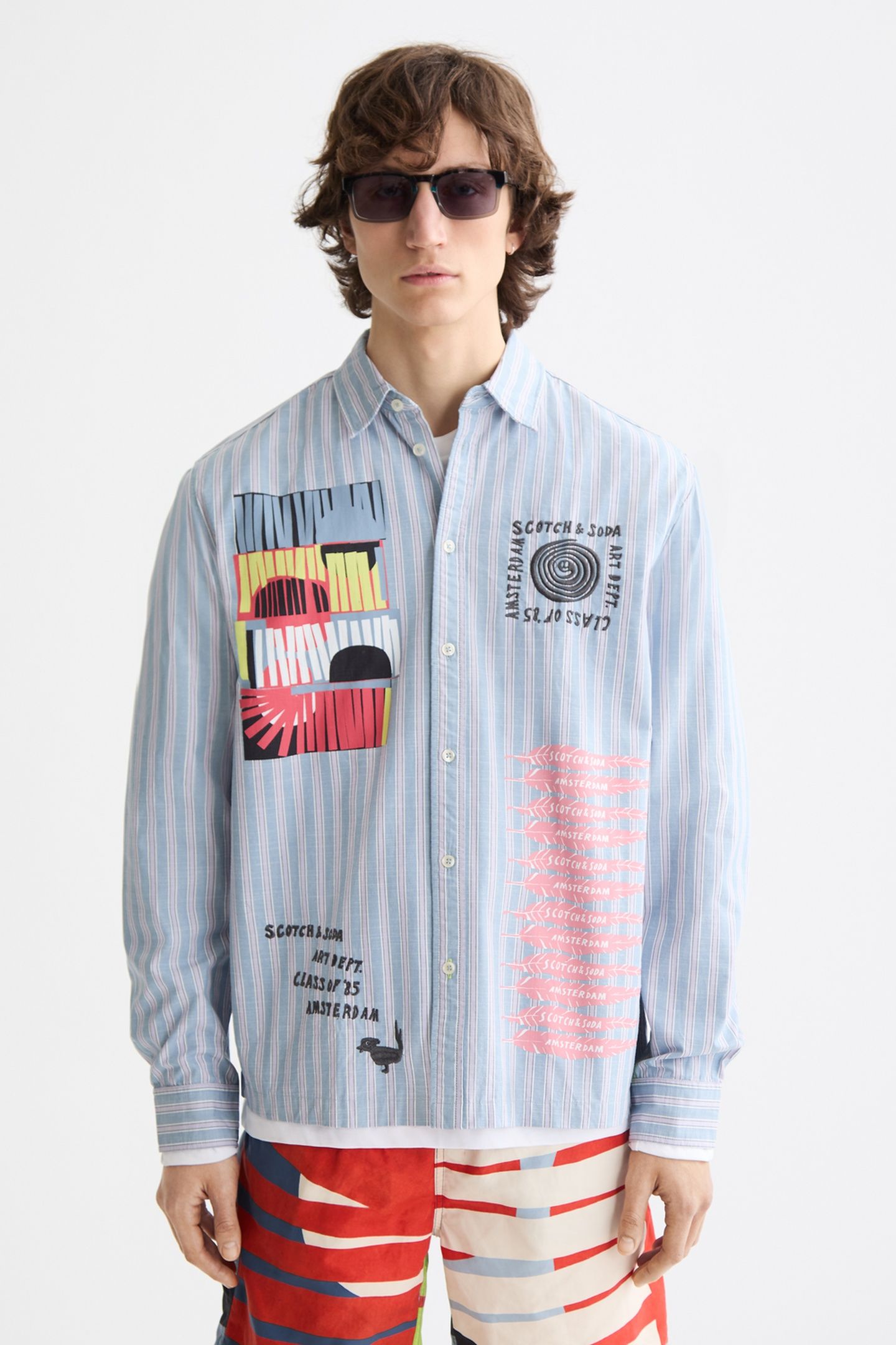 GRAPHIC PATCHWORK STRIPED OXFORD SHIRT FADED DENIM LAVENDER 1