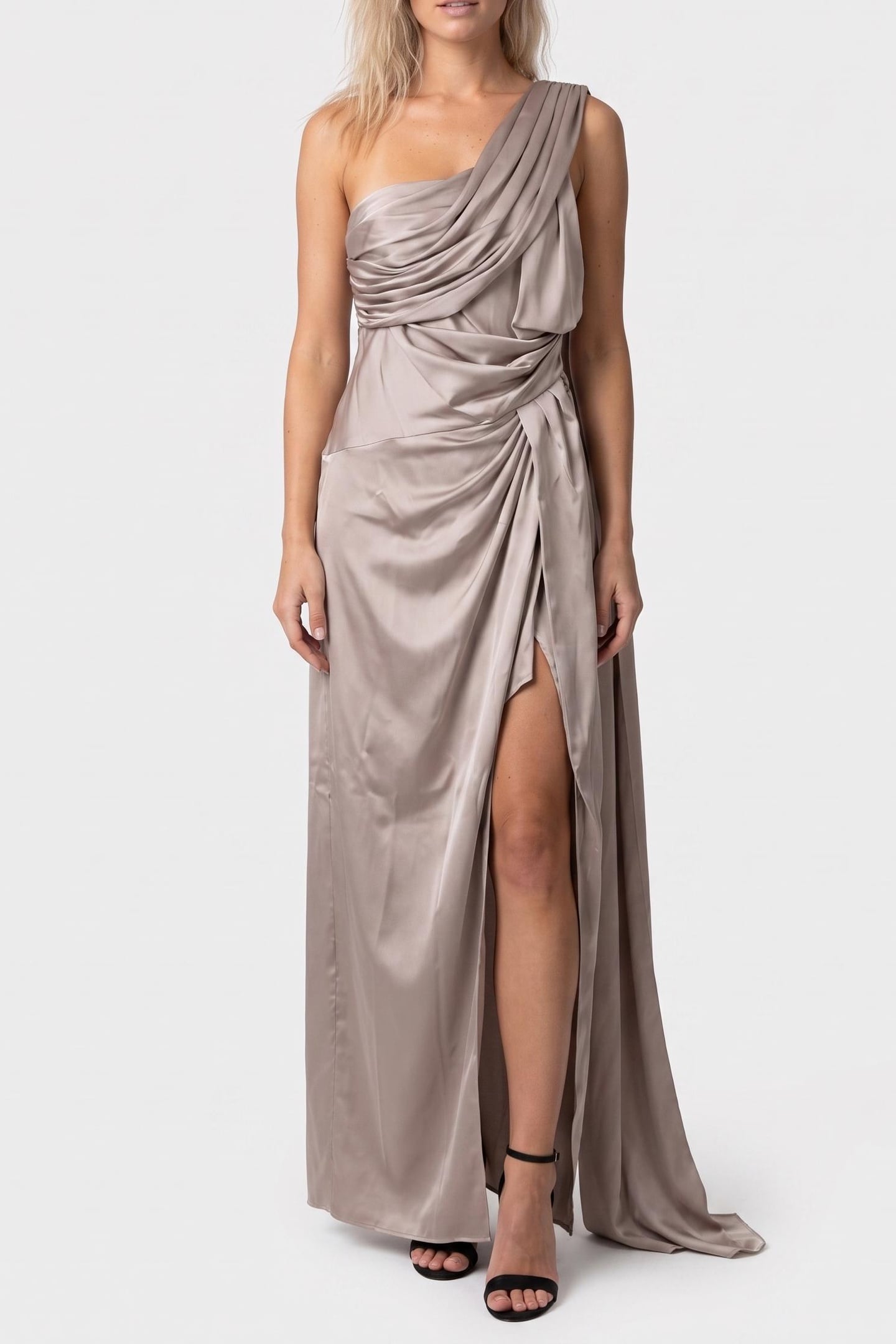 ARETHA DRAPED LONG D VELVET TAUPE 1