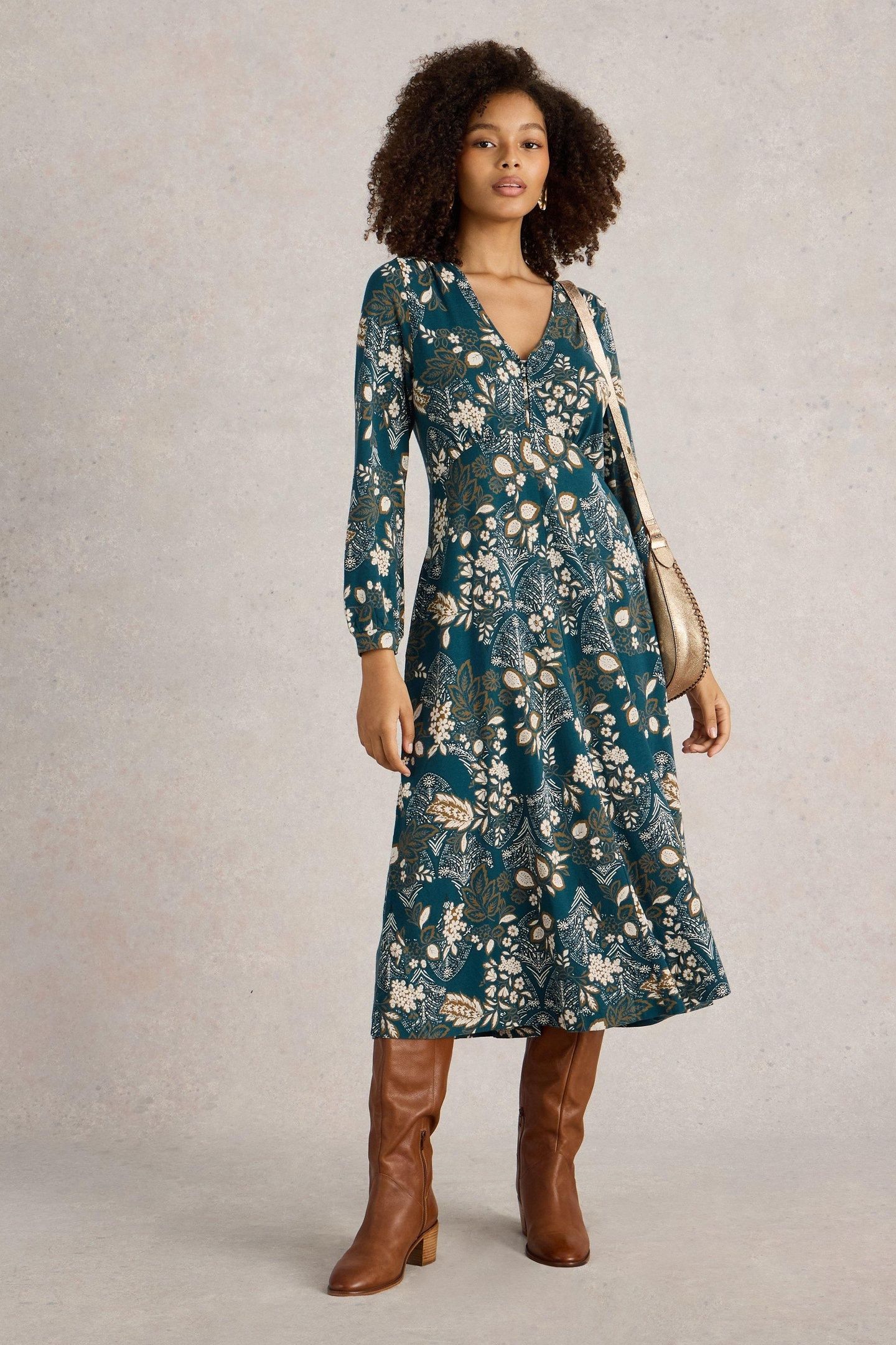 MEGAN JERSEY MIDI DRESS TEAL PRINT 1