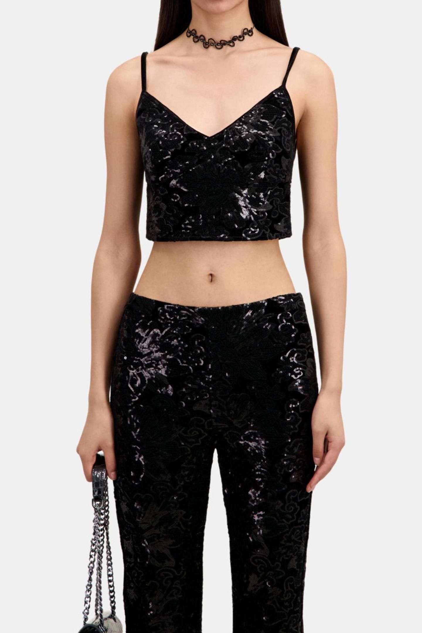 VELVET AND SEQUIN STRAPSTOP SHORT TOP BLACK 1