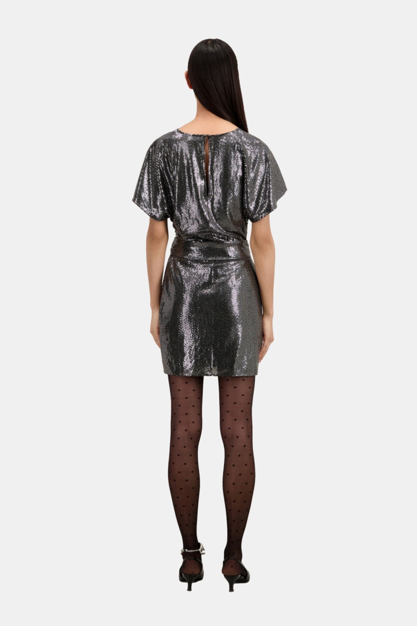 SHORT DRAPED DRESS WITH SEQUINED KIMONO SLEEVES SILVER 3