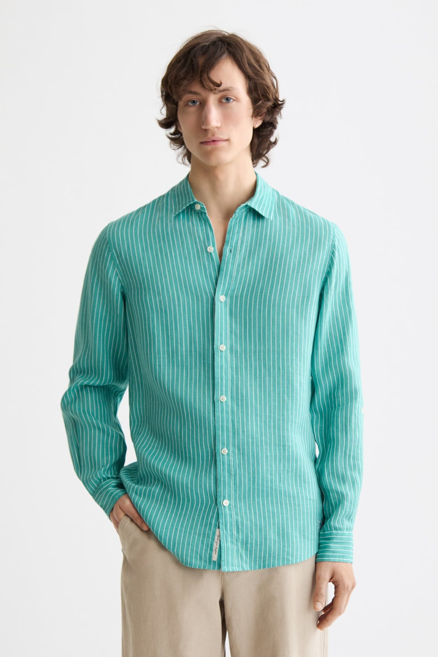 SEASONAL CORE - REGULAR-FIT STRIPED LINEN SHIRT AGATE GREEN  1
