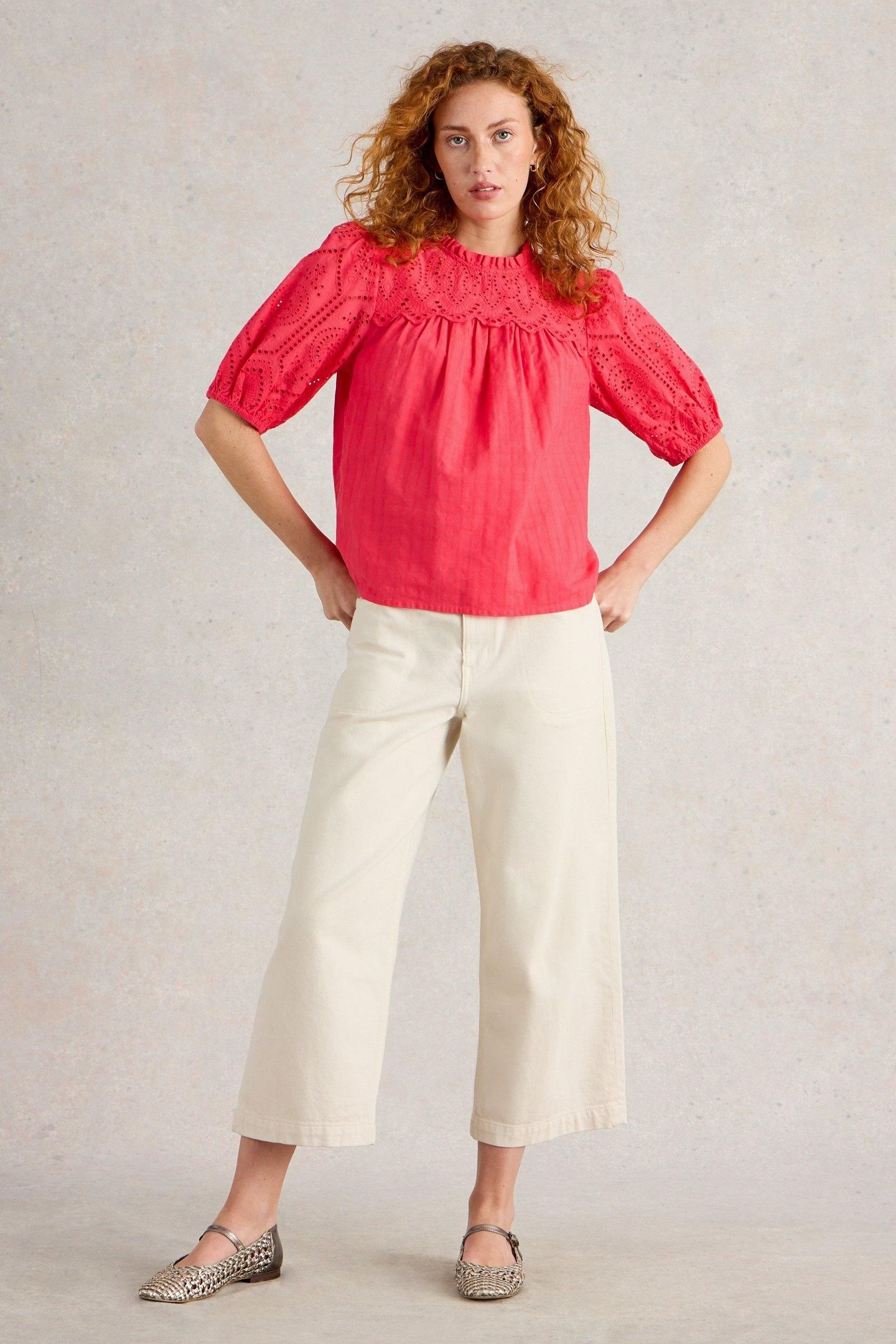 LEXI COTTON BRODERIE TOP BRIGHT PINK 1