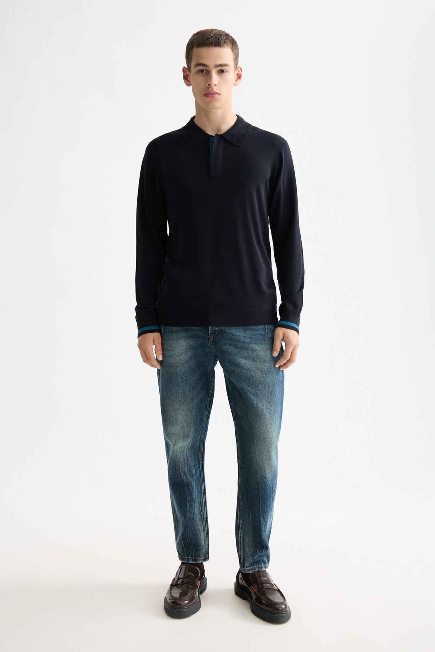 ECOVERO BLEND KNITTED LONG SLEEVE POLO ANTHRACITE 1