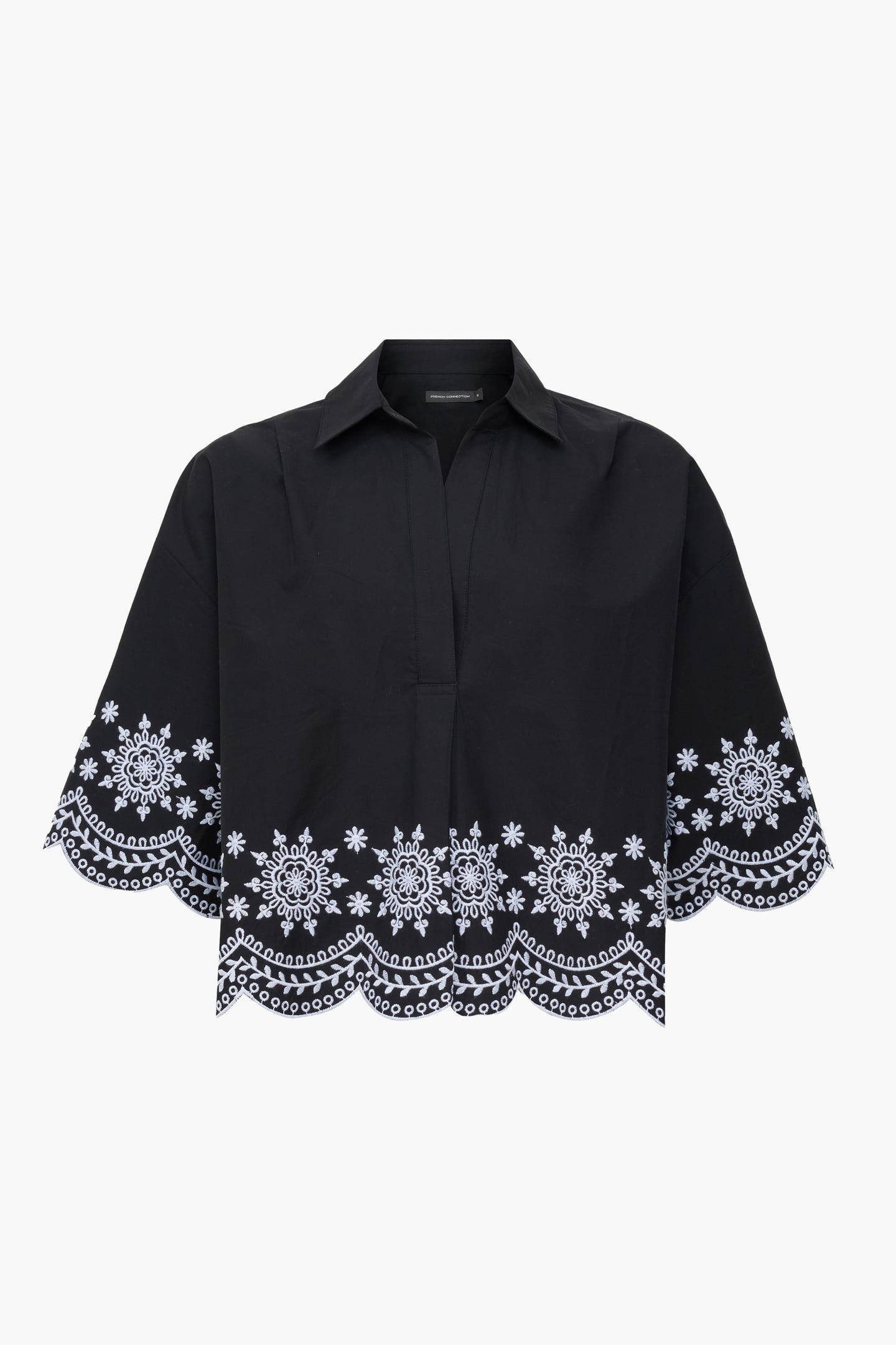 EMB HEM S/S COTTON POPOVER BLACK/WHITE 4