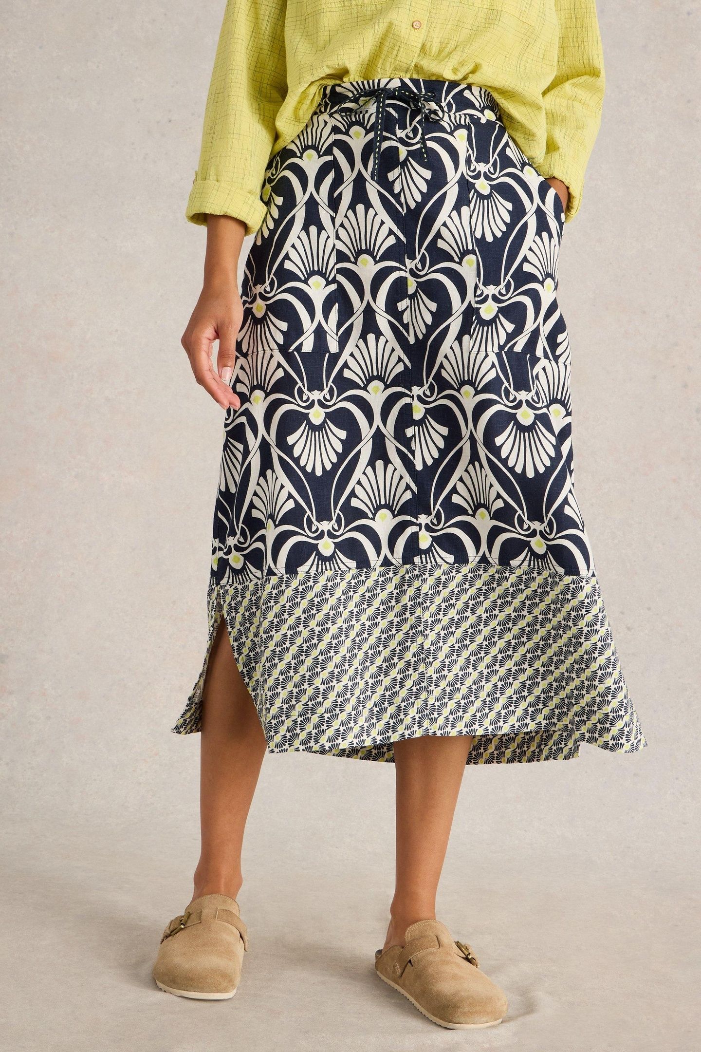 ELLE LINEN BLEND SKIRT NAVY PRINT 2