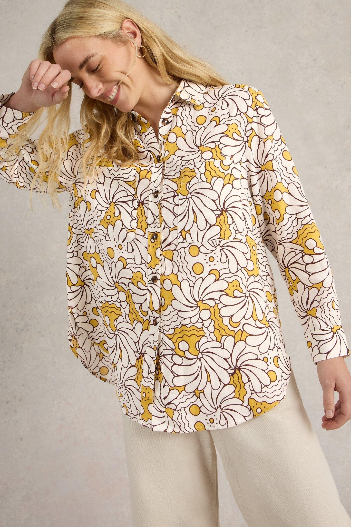 LYDIA LINEN SHIRT YELLOW PRINT 1