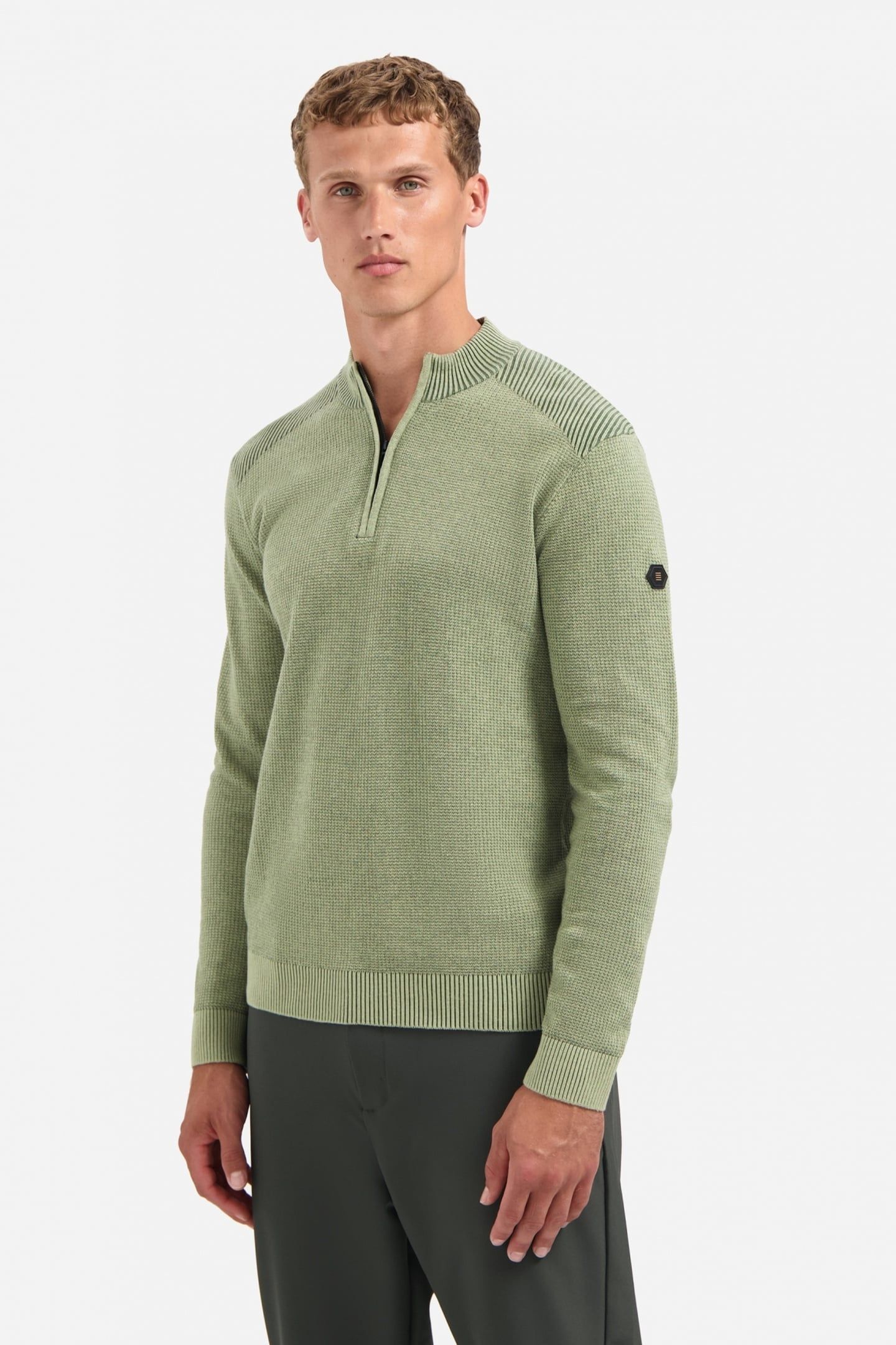PULLOVER HALF ZIP PLATED STRUCTURE KNIT LIGHT MOSS 1