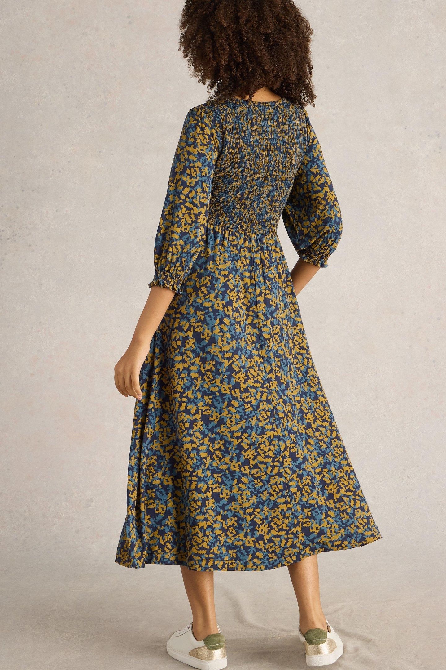 EMILY SHIRRED JERSEY DRESS NAVY PRINT 3