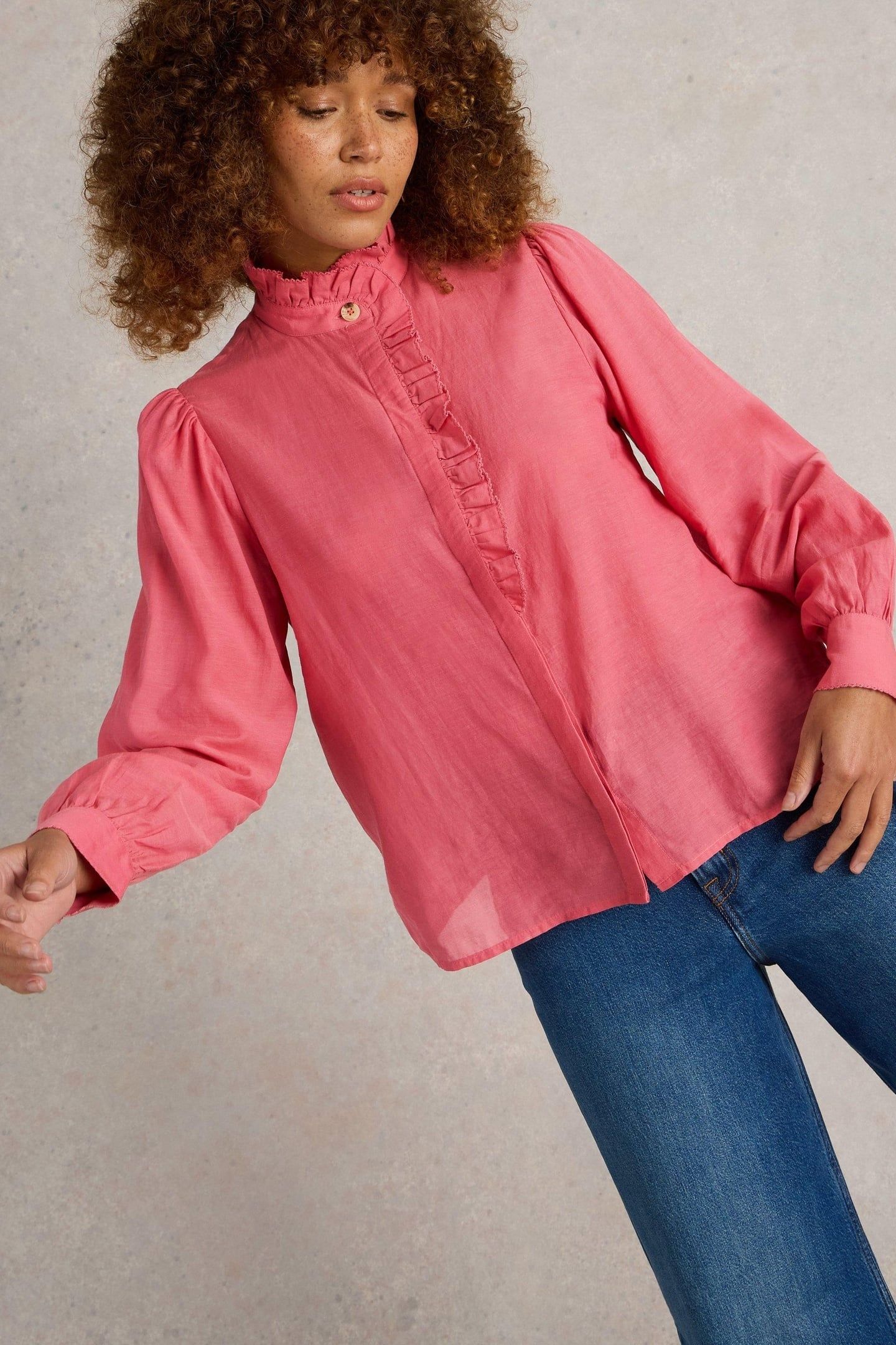 PAULINE FRILL NECK TOP MID PINK 2