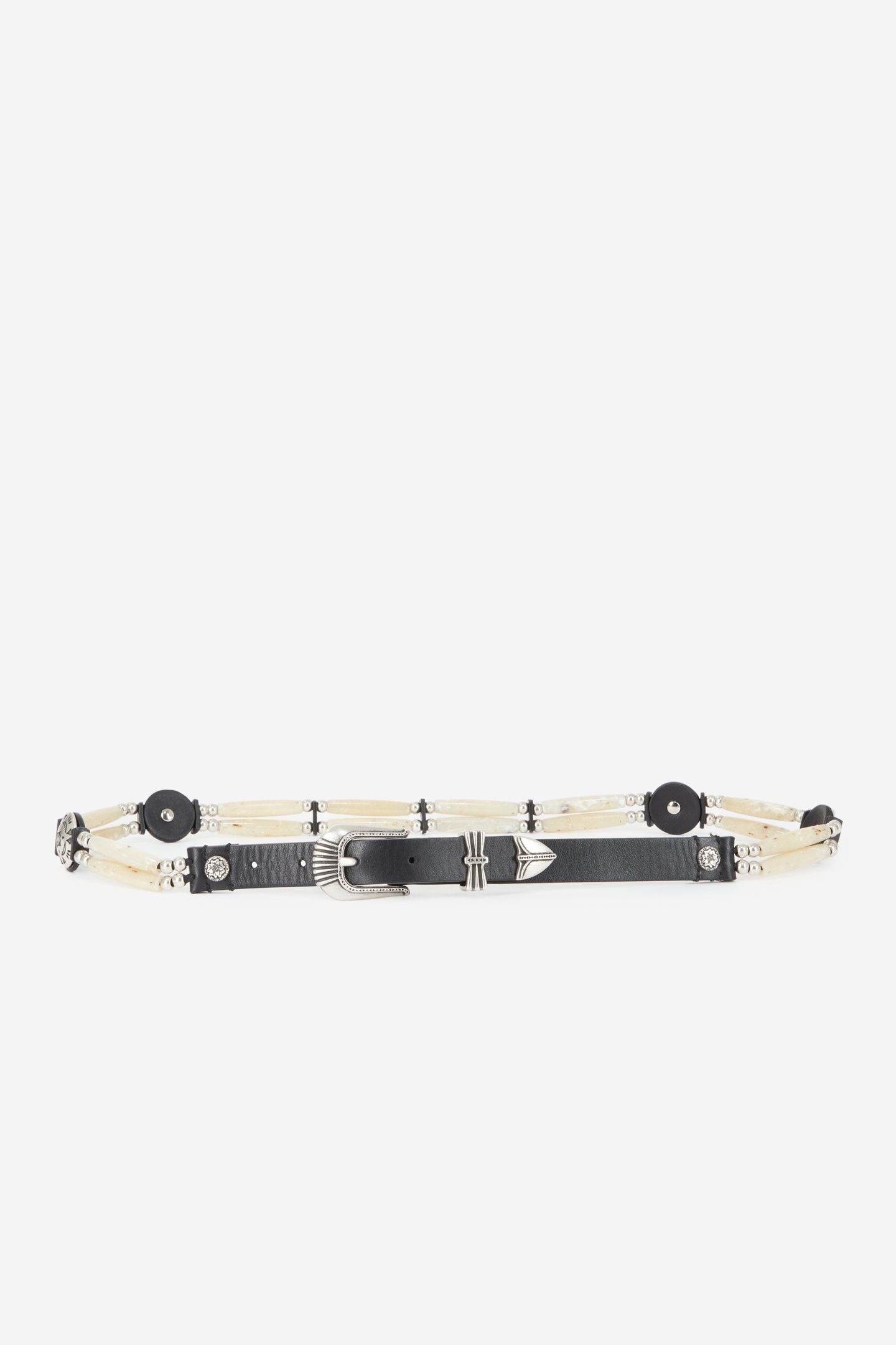 THIN LEATHER BELT WITH BEADS AND METAL PIECES ECRU 1