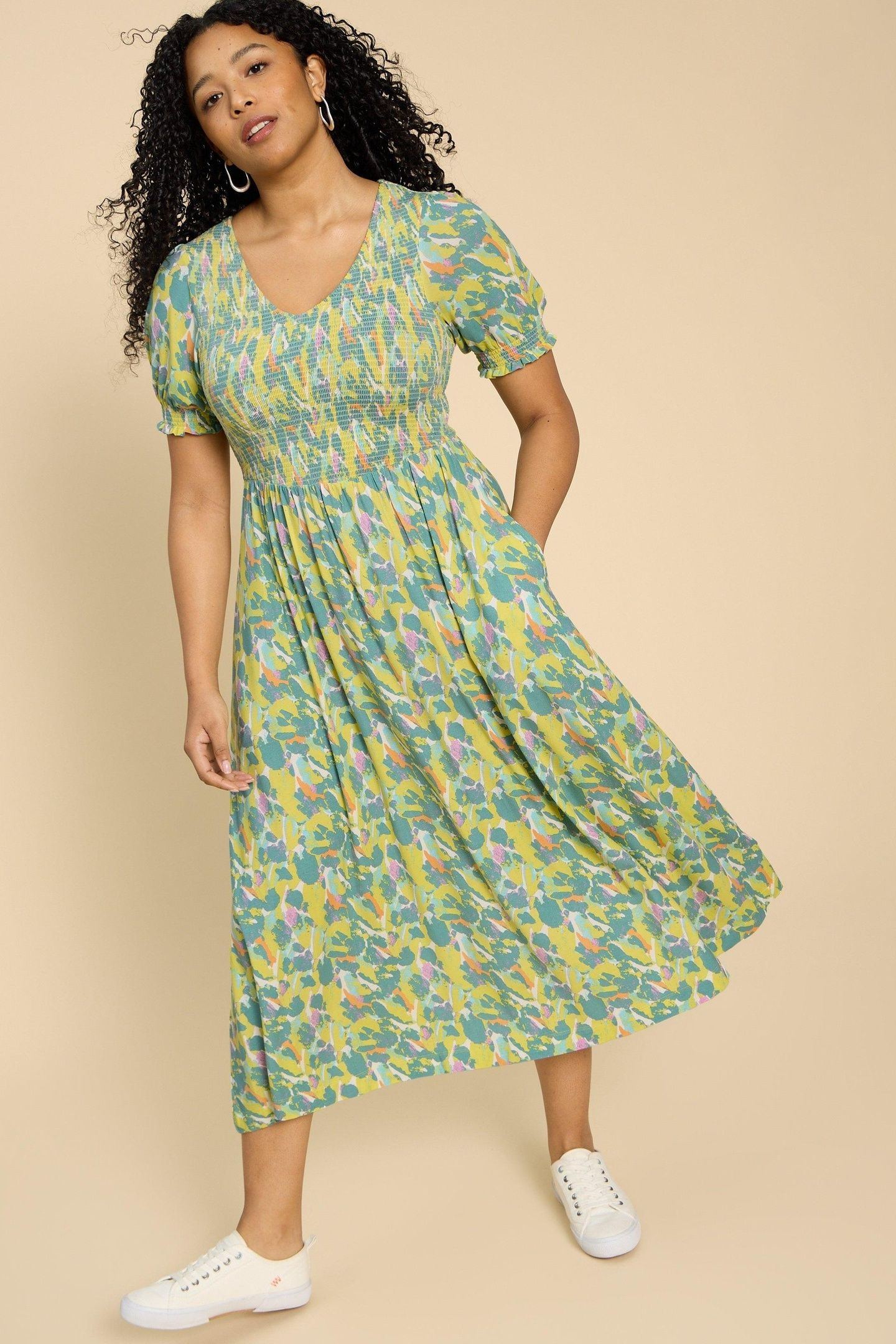 EMILY SHIRRED JERSEY DRESS TEAL PRINT 3