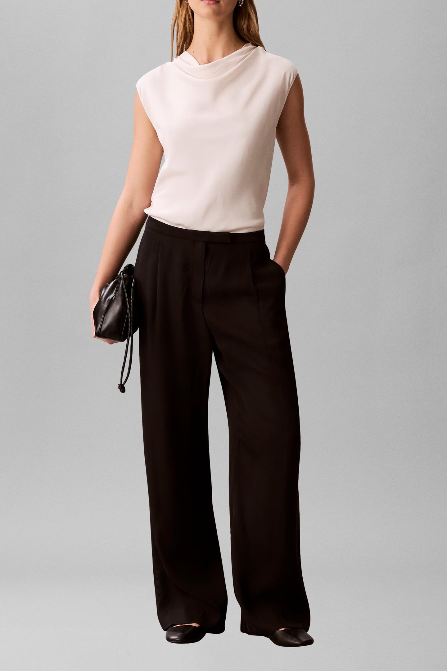 VISCOSE TWILL COWL NECK TOP WHITE SAND 5
