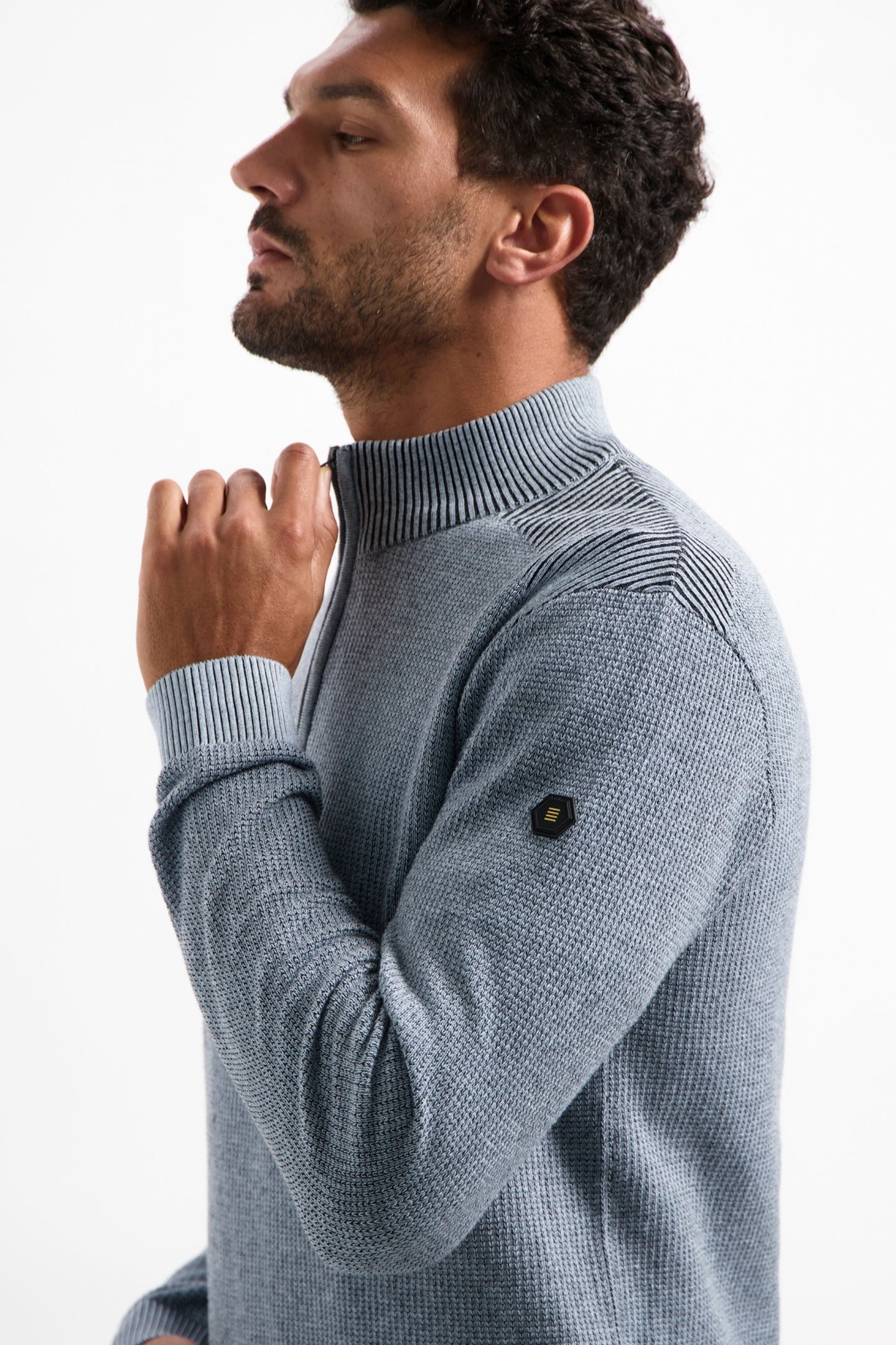 PULLOVER HALF ZIP PLATED STRUCTURE KNIT DUSTY BLUE 7